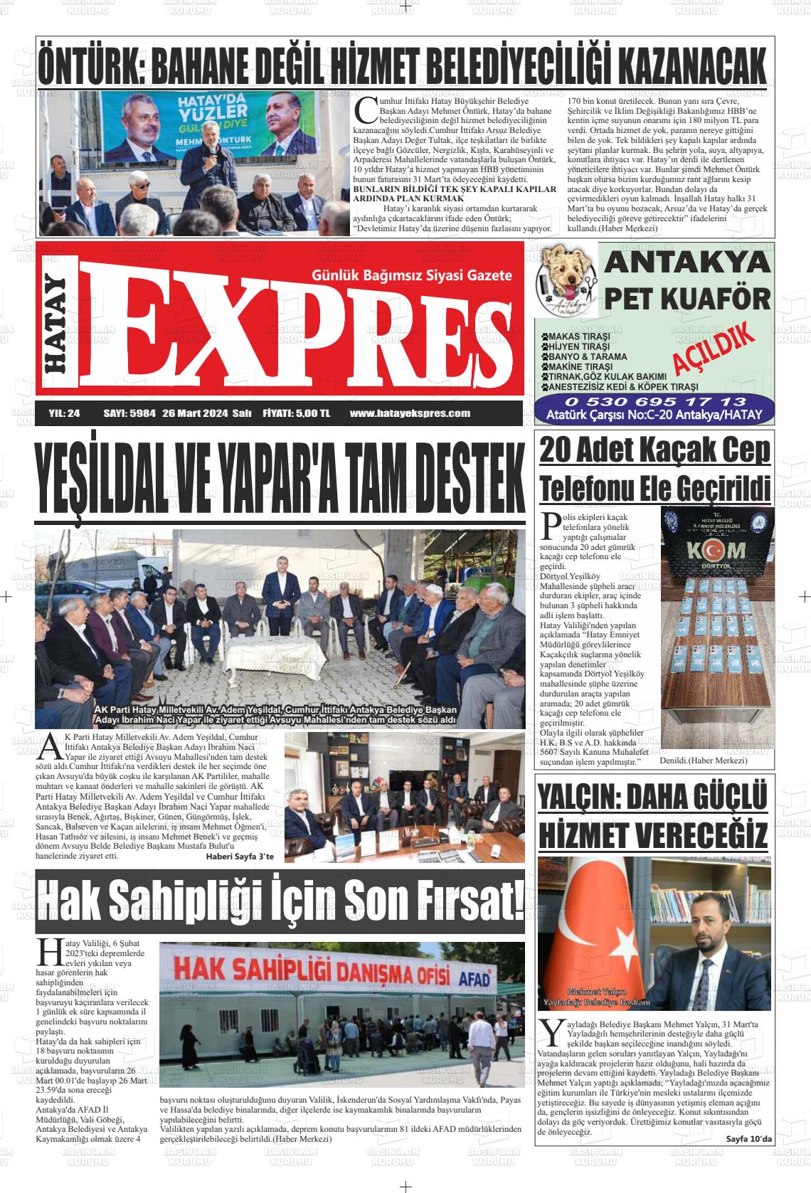 26 Mart 2024 Hatay Ekspres Gazete Manşeti