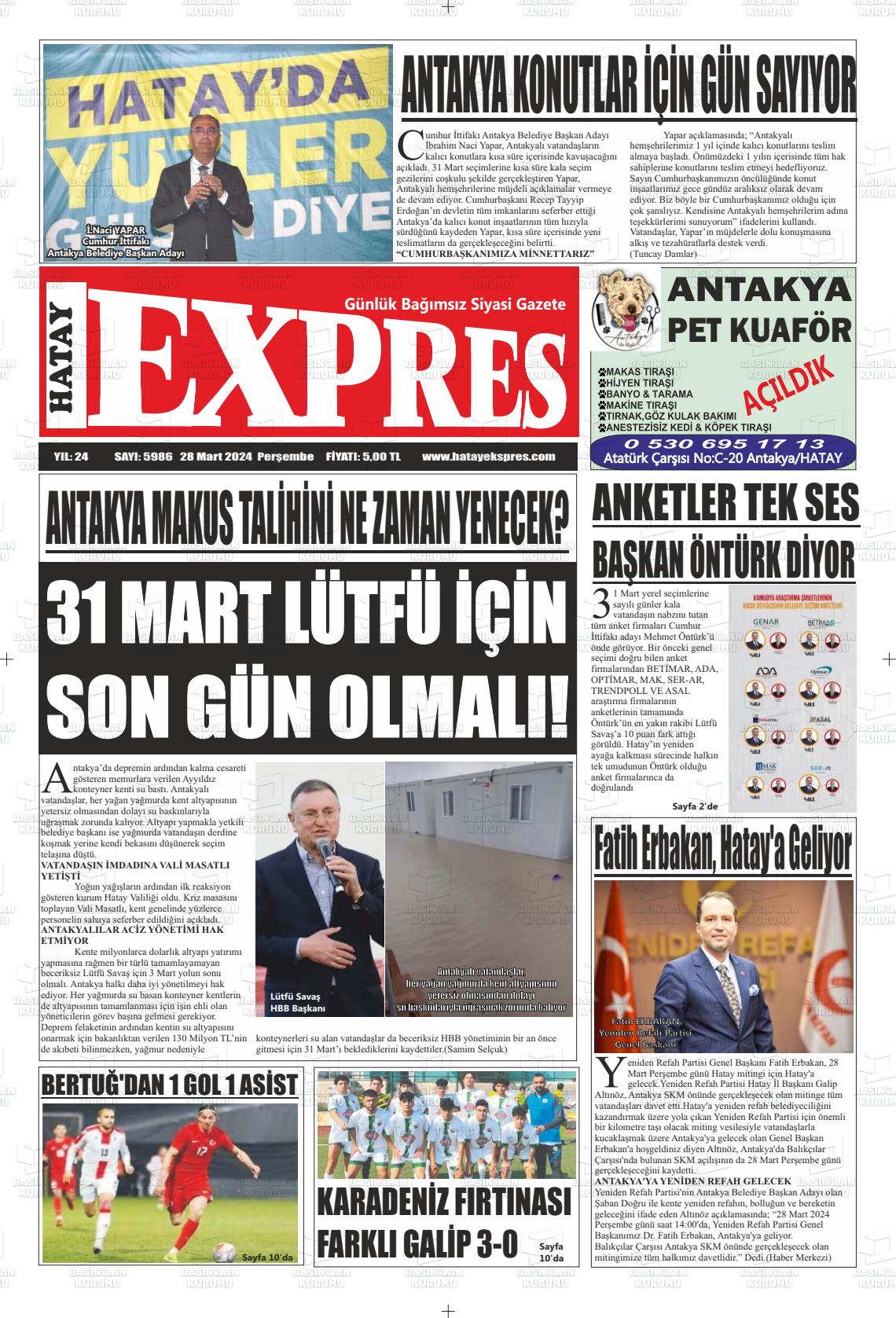 28 Mart 2024 Hatay Ekspres Gazete Manşeti