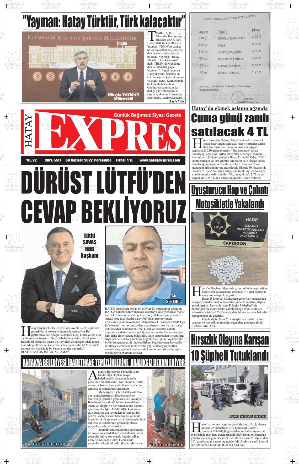 01 Temmuz 2022 Hatay Ekspres Gazete Manşeti