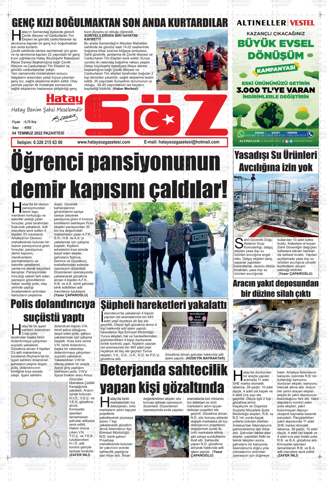 04 Temmuz 2022 Hatay Söz Gazete Manşeti