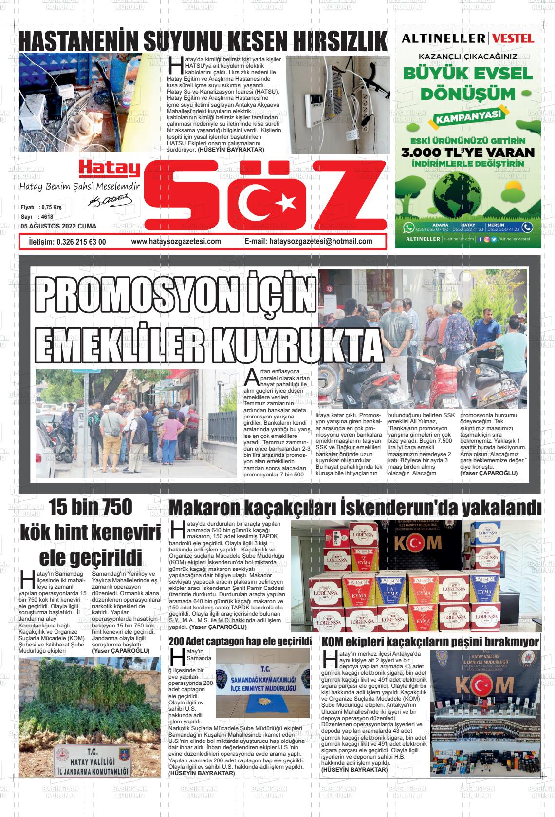 05 Ağustos 2022 Hatay Söz Gazete Manşeti