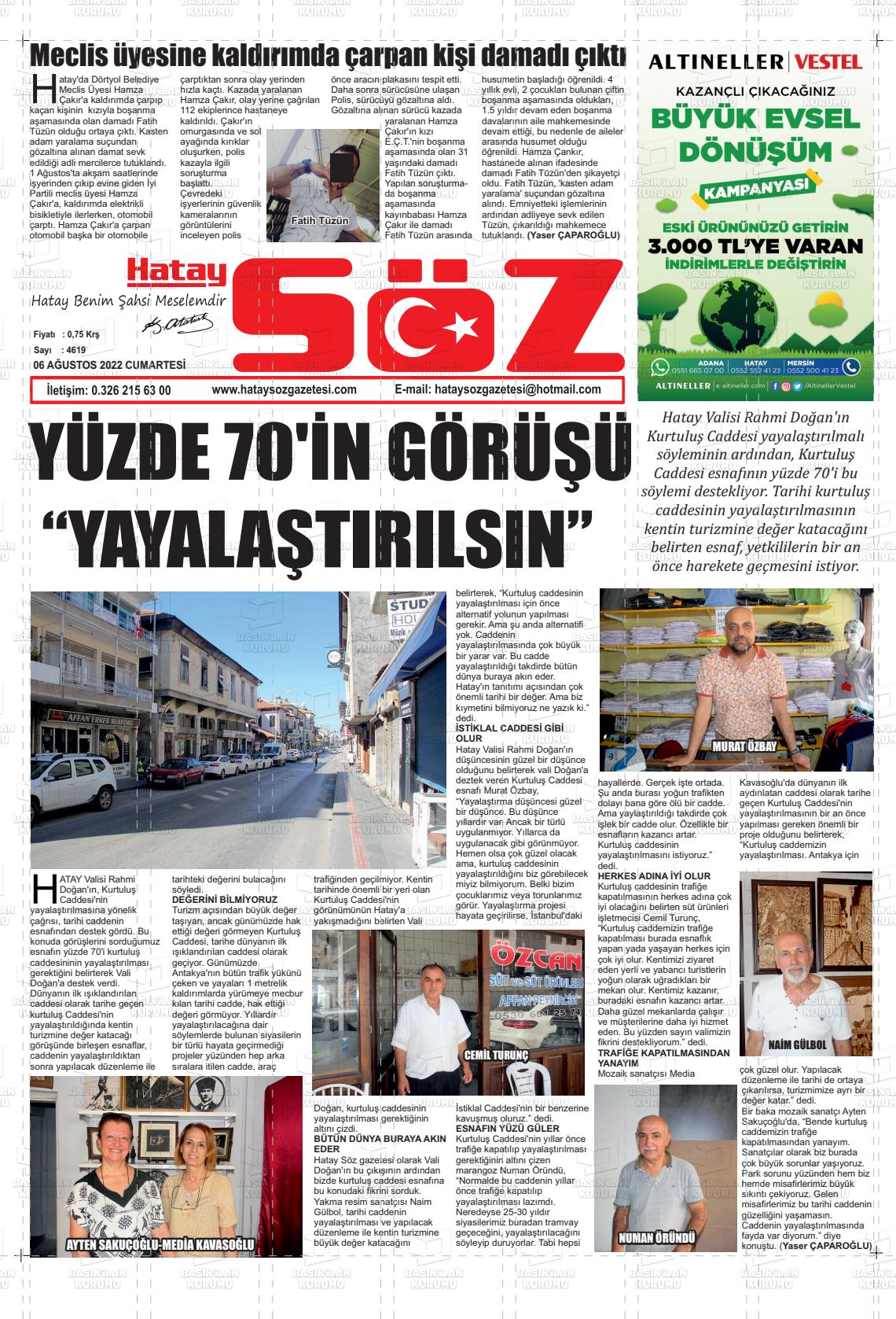 06 Ağustos 2022 Hatay Söz Gazete Manşeti