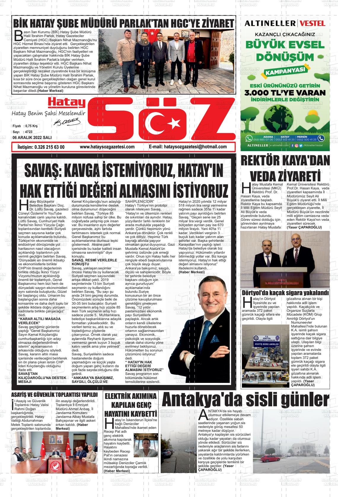 06 Aralık 2022 Hatay Söz Gazete Manşeti