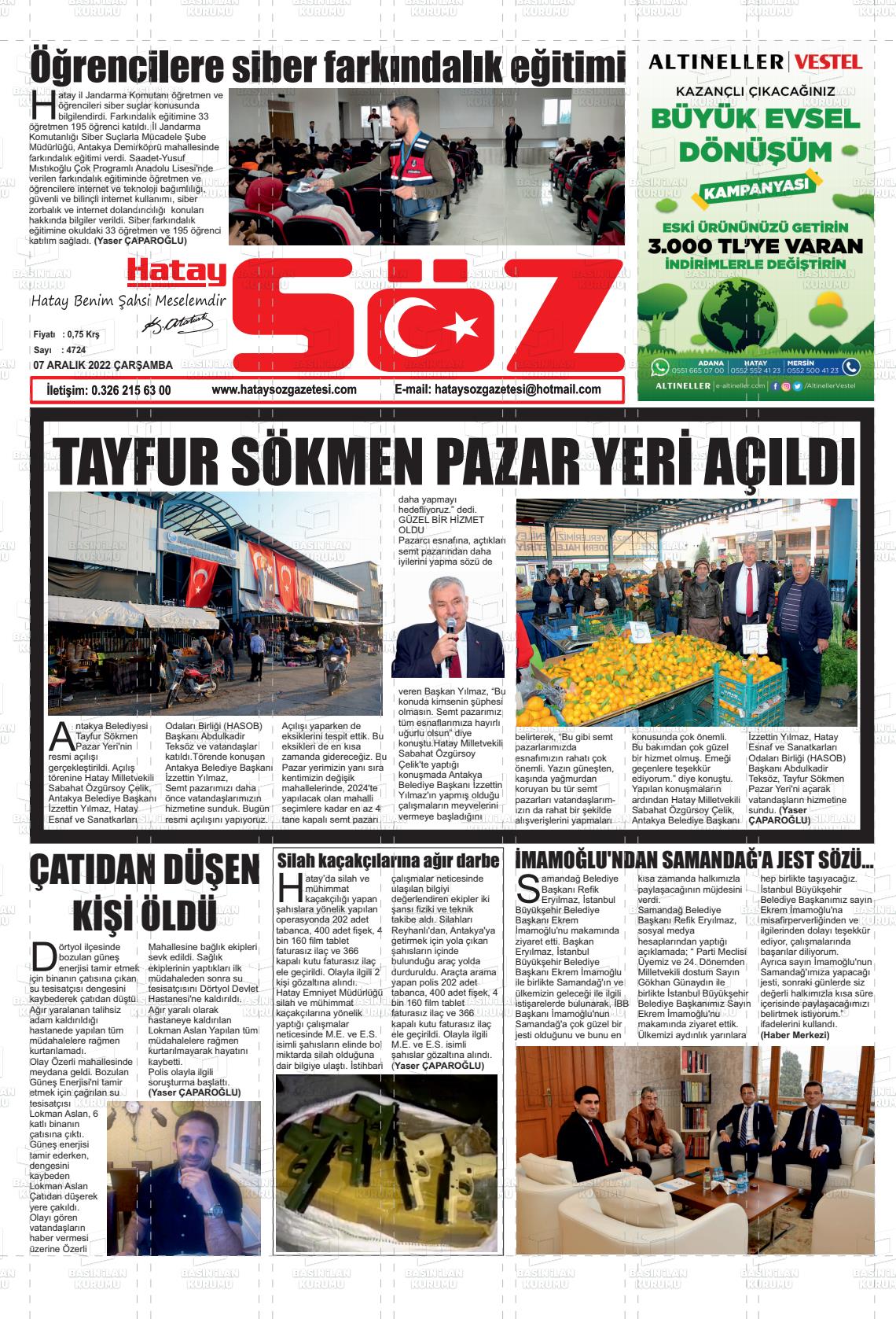 07 Aralık 2022 Hatay Söz Gazete Manşeti