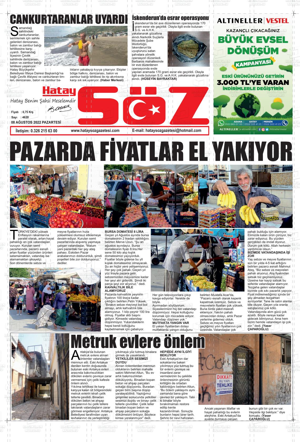 08 Ağustos 2022 Hatay Söz Gazete Manşeti