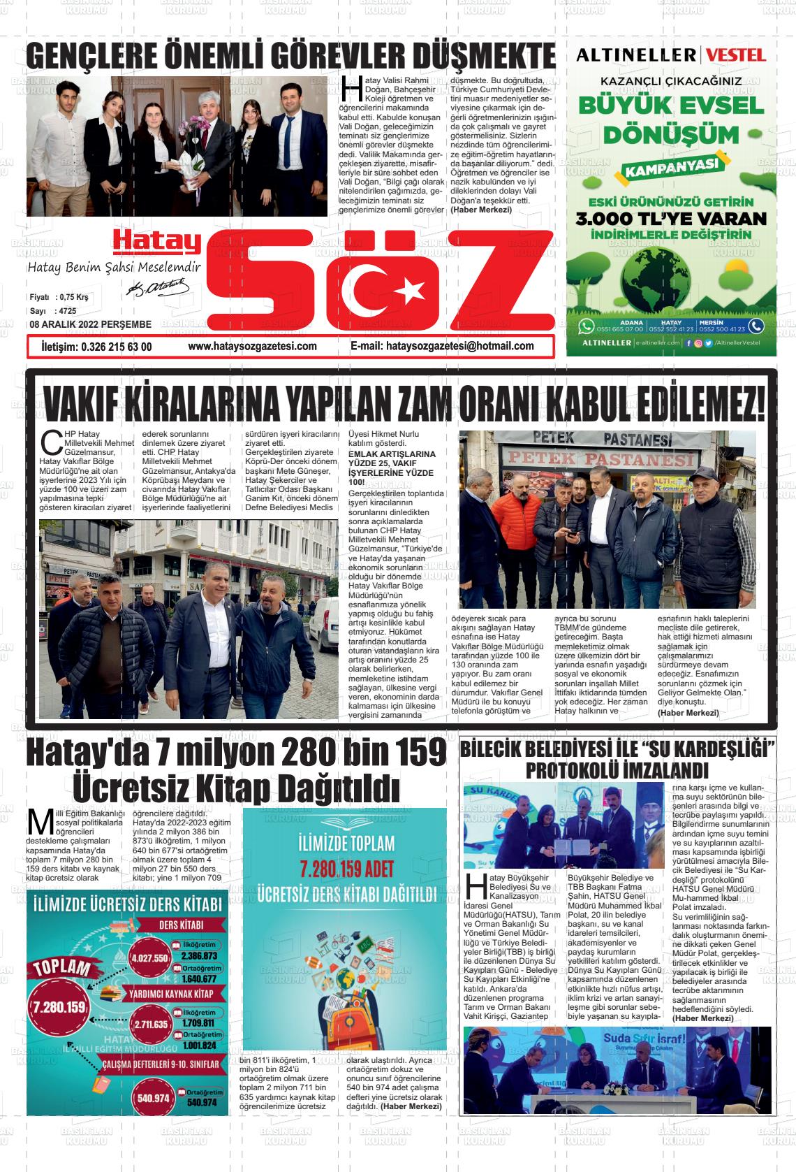 08 Aralık 2022 Hatay Söz Gazete Manşeti