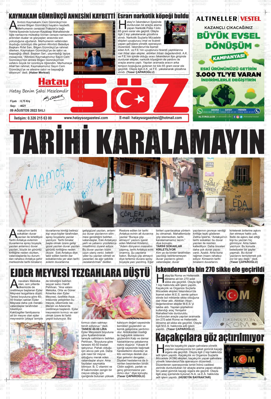 09 Ağustos 2022 Hatay Söz Gazete Manşeti