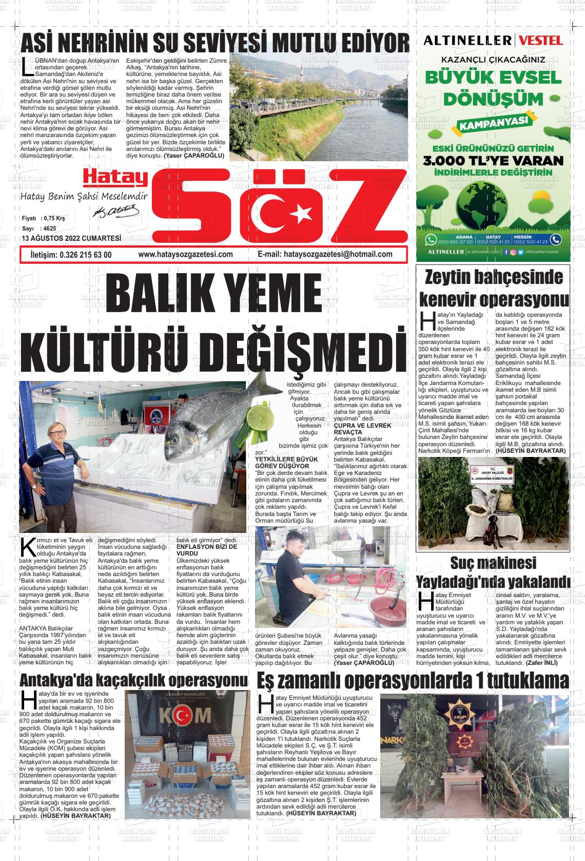 13 Ağustos 2022 Hatay Söz Gazete Manşeti