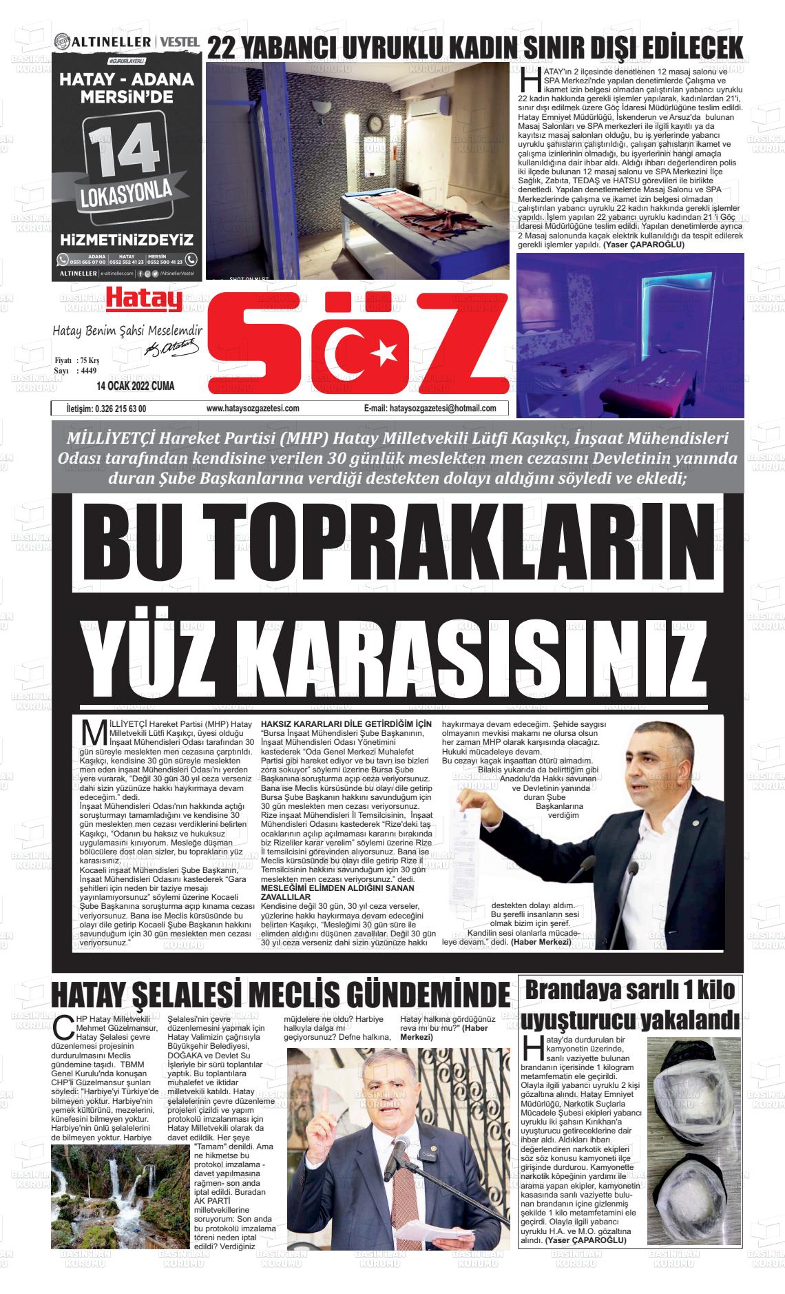 14 Ocak 2022 Hatay Söz Gazete Manşeti