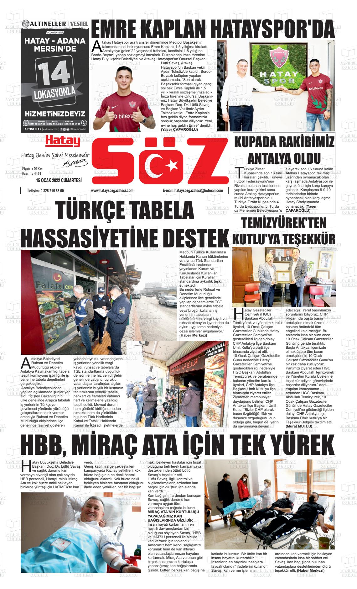 15 Ocak 2022 Hatay Söz Gazete Manşeti