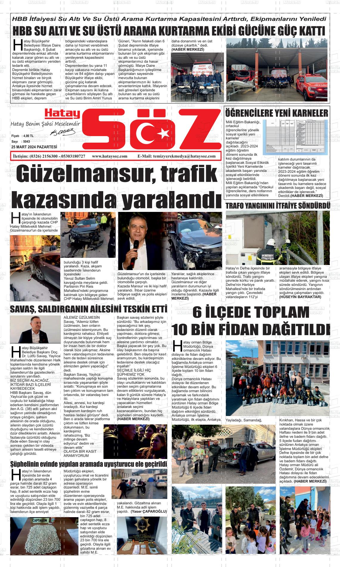 25 Mart 2024 Hatay Söz Gazete Manşeti