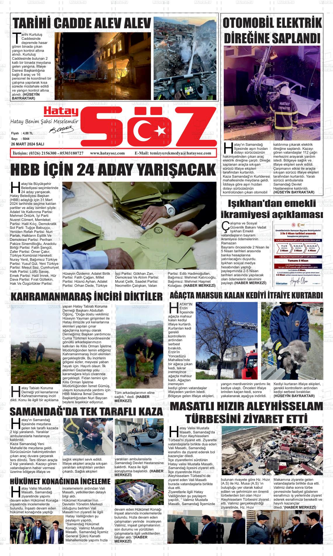 26 Mart 2024 Hatay Söz Gazete Manşeti