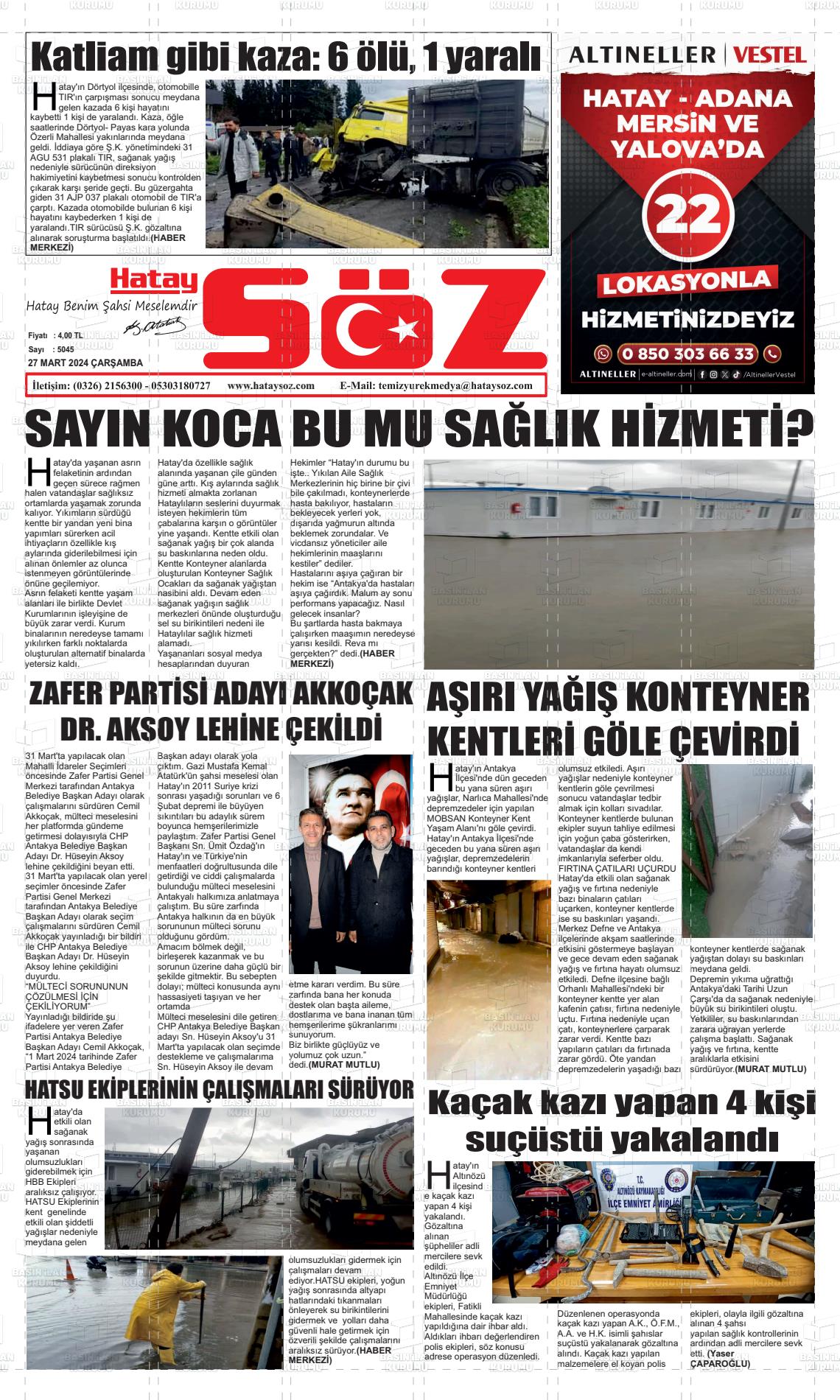 27 Mart 2024 Hatay Söz Gazete Manşeti
