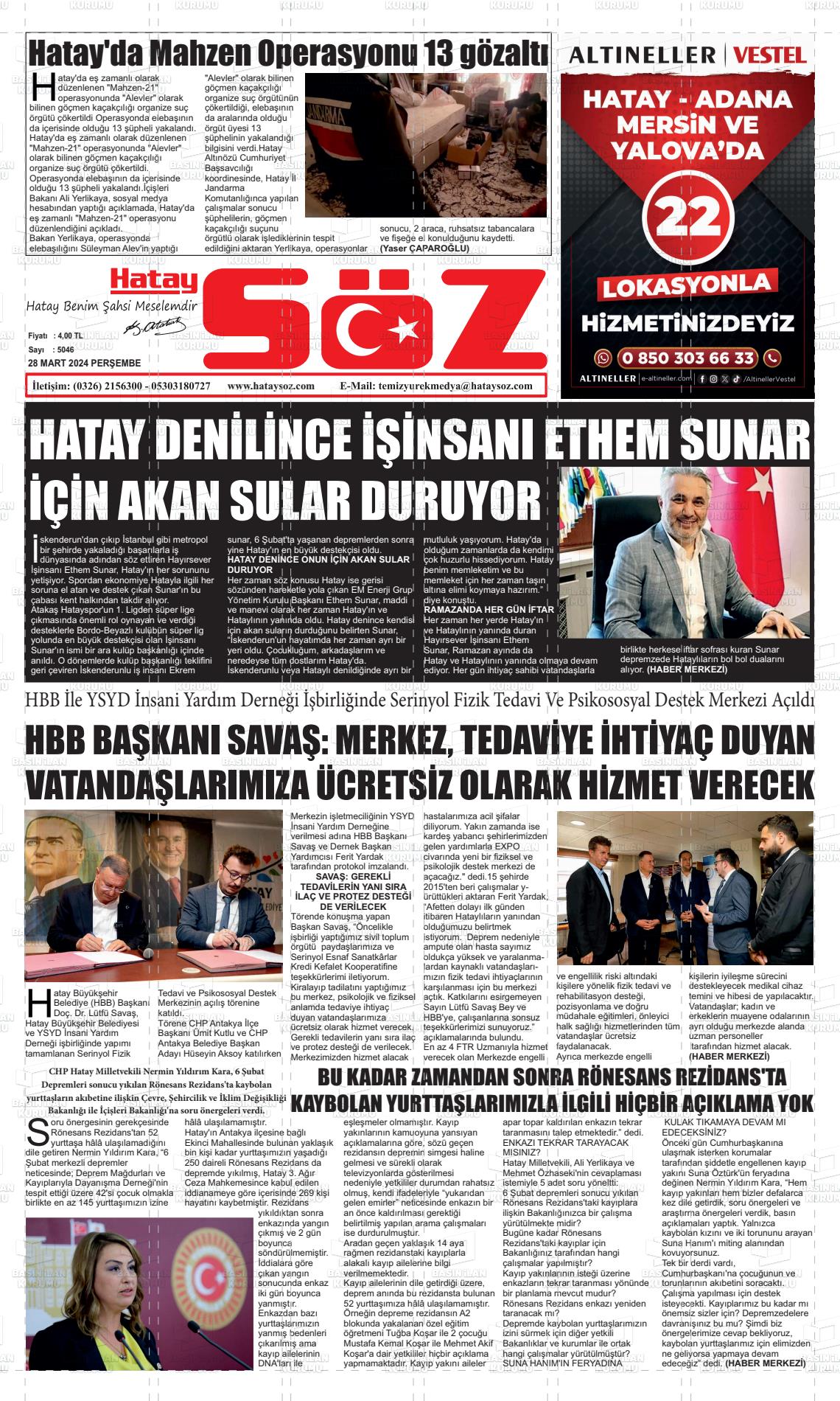 28 Mart 2024 Hatay Söz Gazete Manşeti