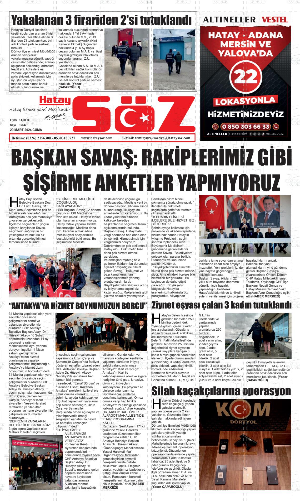 29 Mart 2024 Hatay Söz Gazete Manşeti