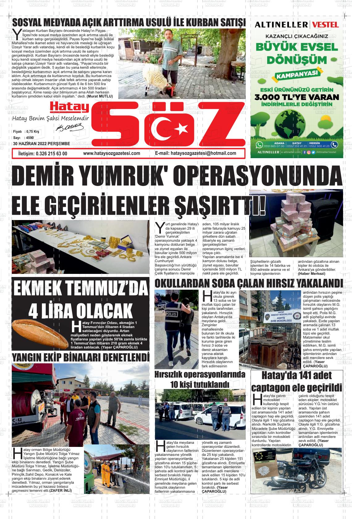 01 Temmuz 2022 Hatay Söz Gazete Manşeti