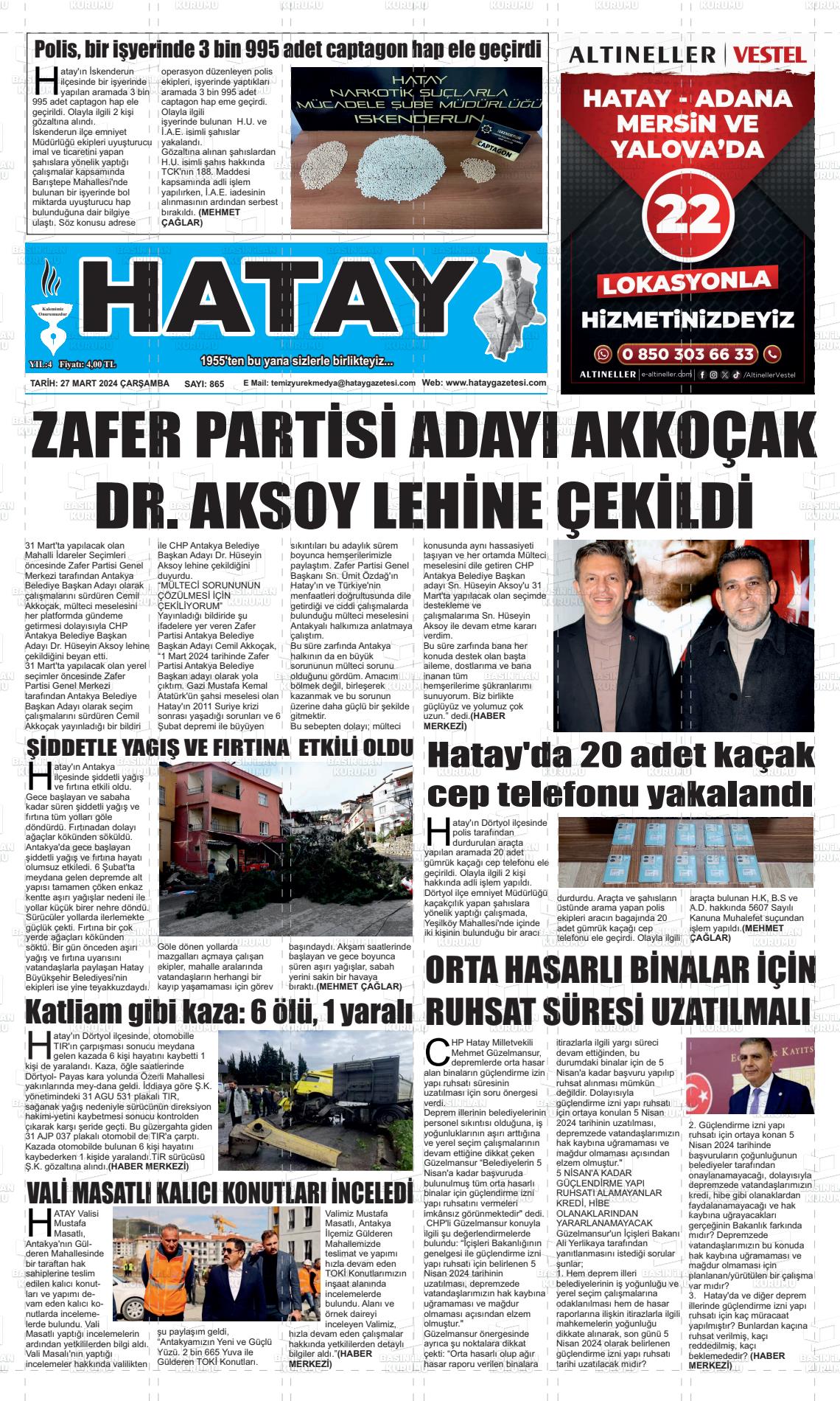 27 Mart 2024 Zafer Gazete Manşeti
