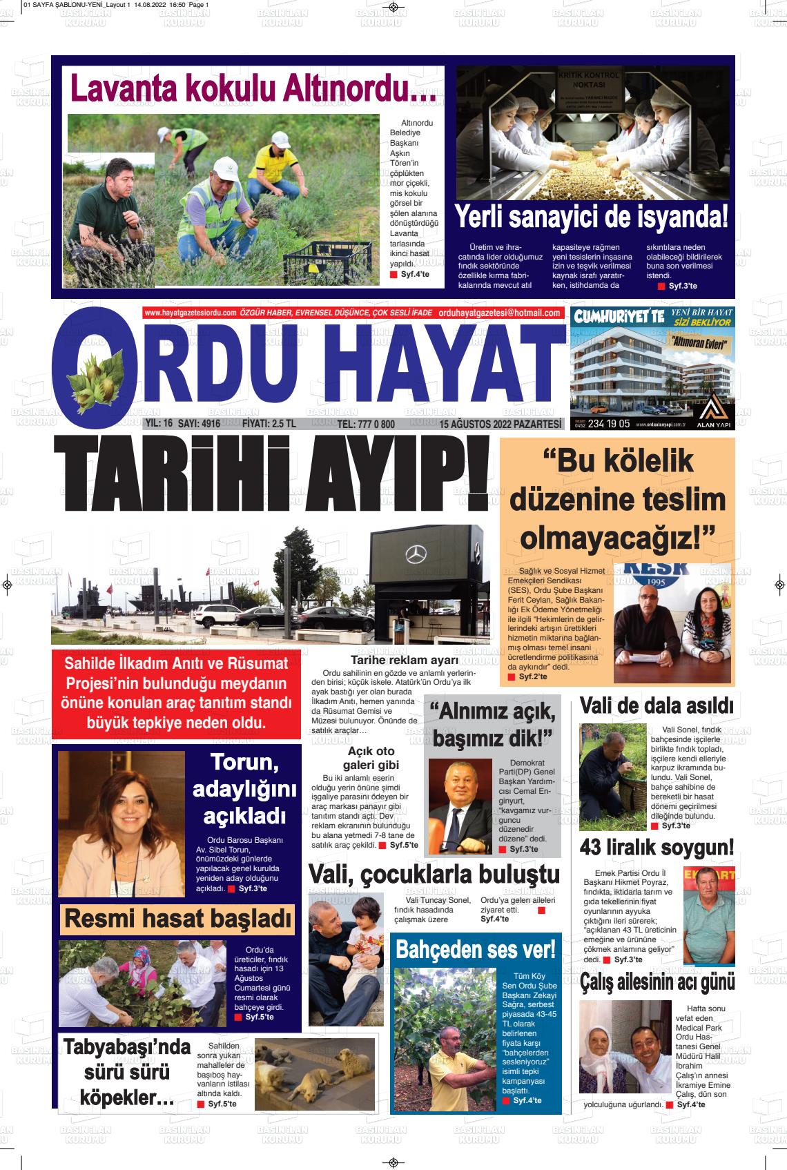 Ordu Hayat Gazete Manşeti