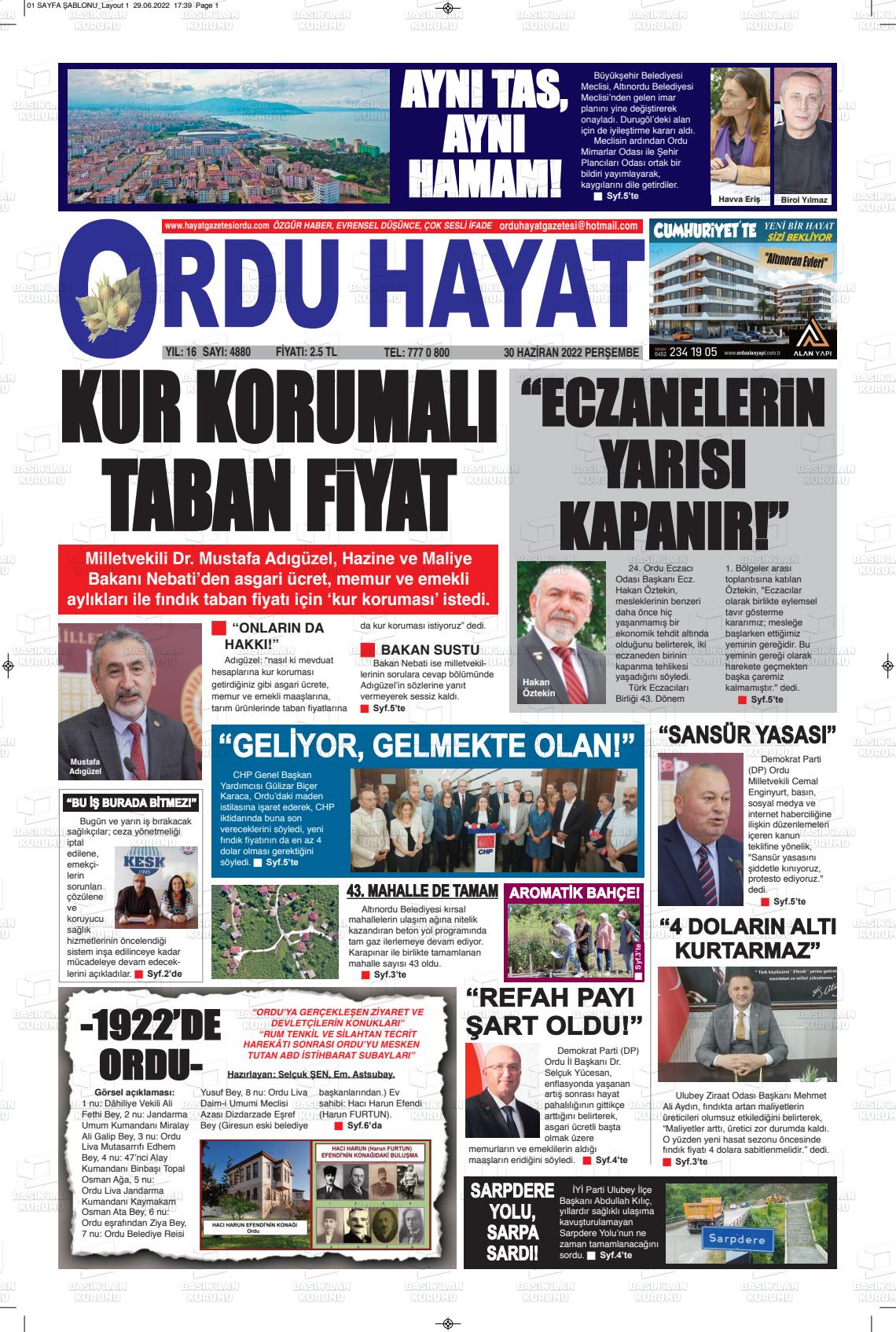 02 Temmuz 2022 Ordu Hayat Gazete Manşeti