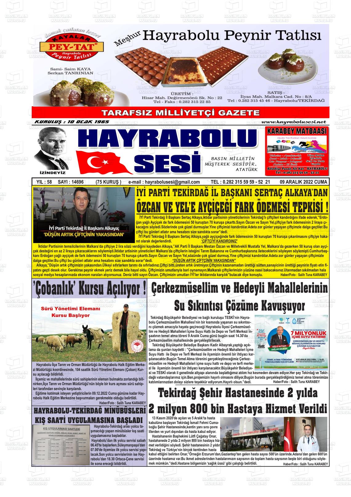 09 Aralık 2022 Hayrabolu Sesi Gazete Manşeti