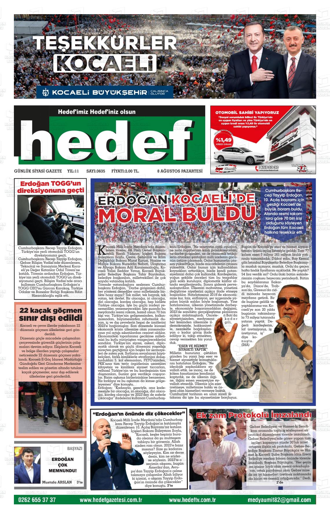 08 Ağustos 2022 Hedef Gazete Manşeti