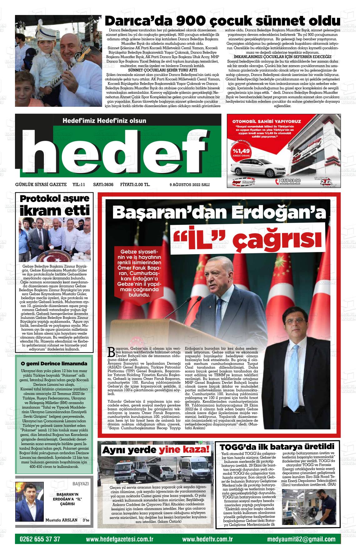09 Ağustos 2022 Hedef Gazete Manşeti