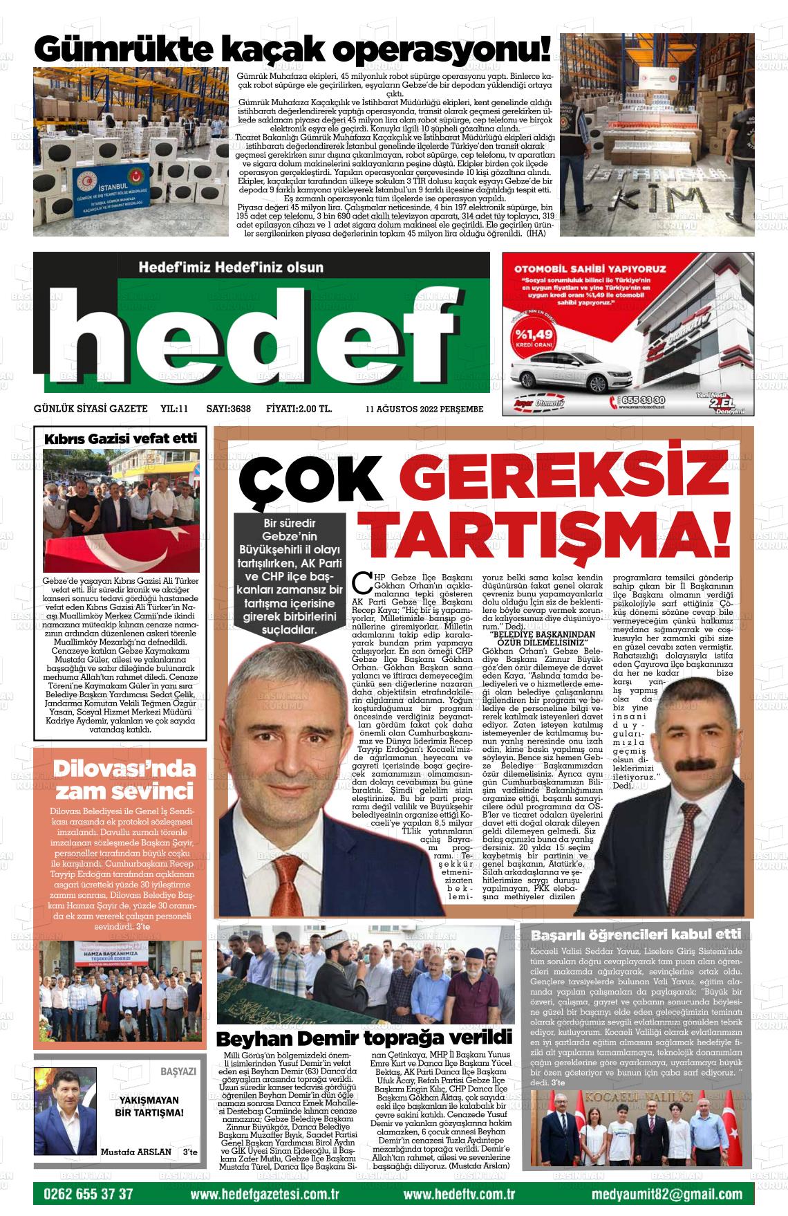 11 Ağustos 2022 Hedef Gazete Manşeti