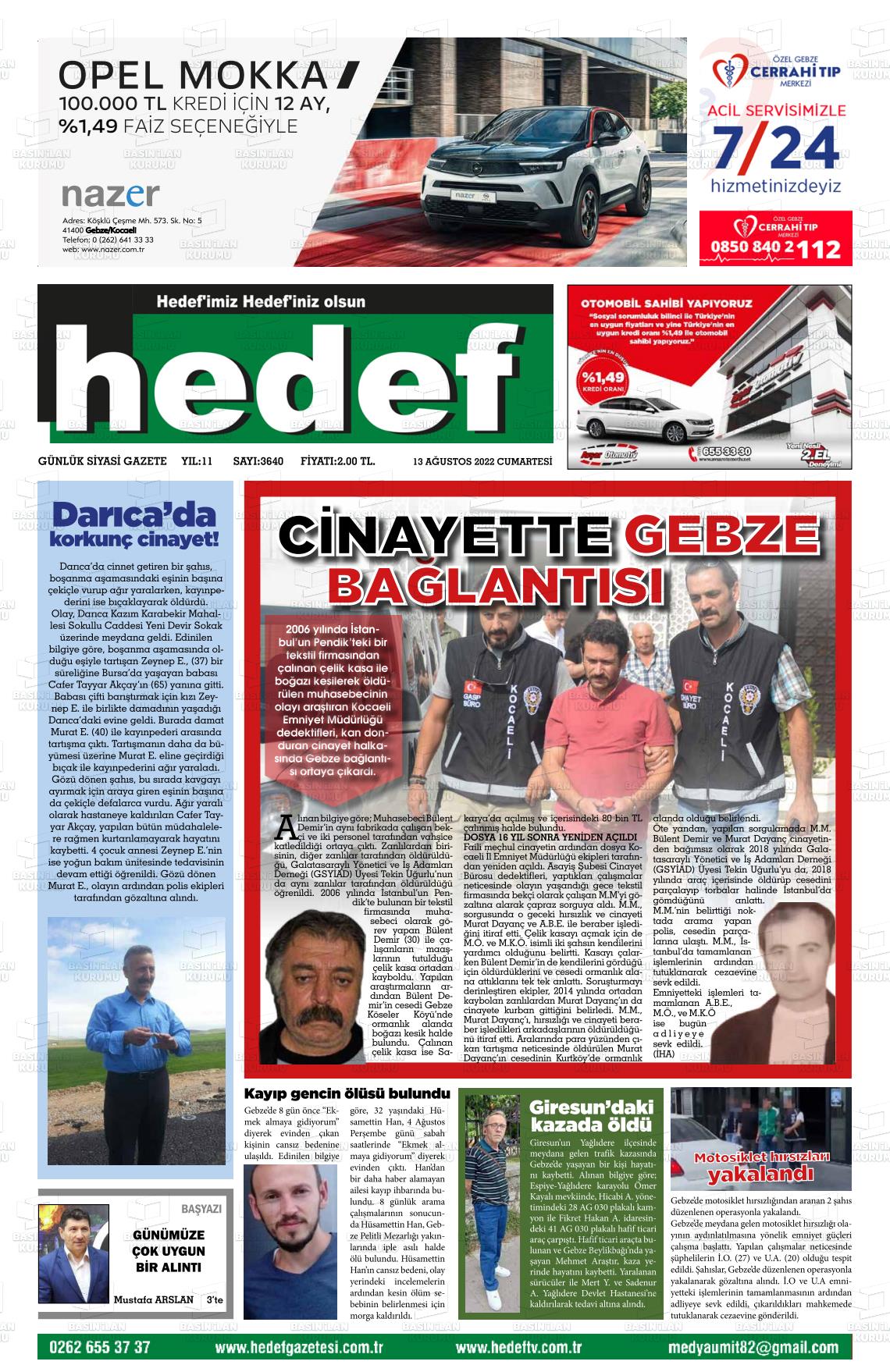 13 Ağustos 2022 Hedef Gazete Manşeti