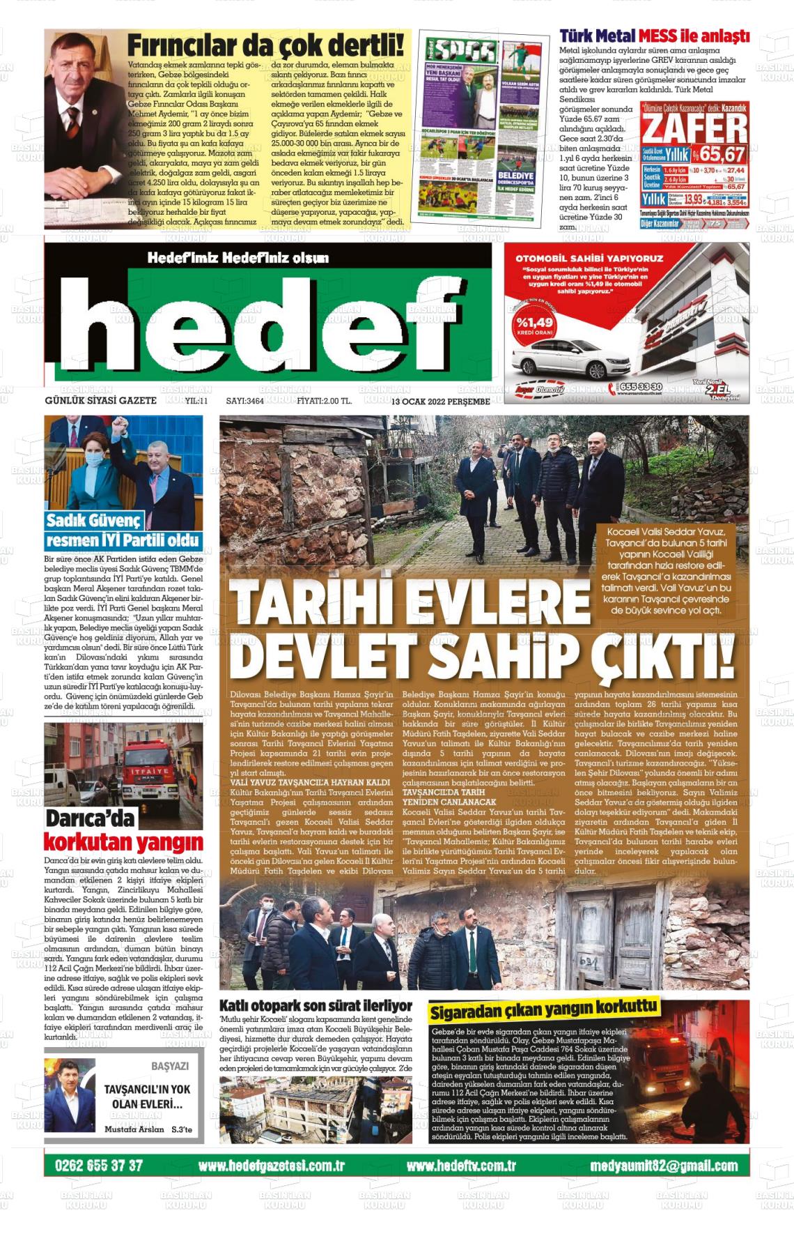 13 Ocak 2022 Hedef Gazete Manşeti
