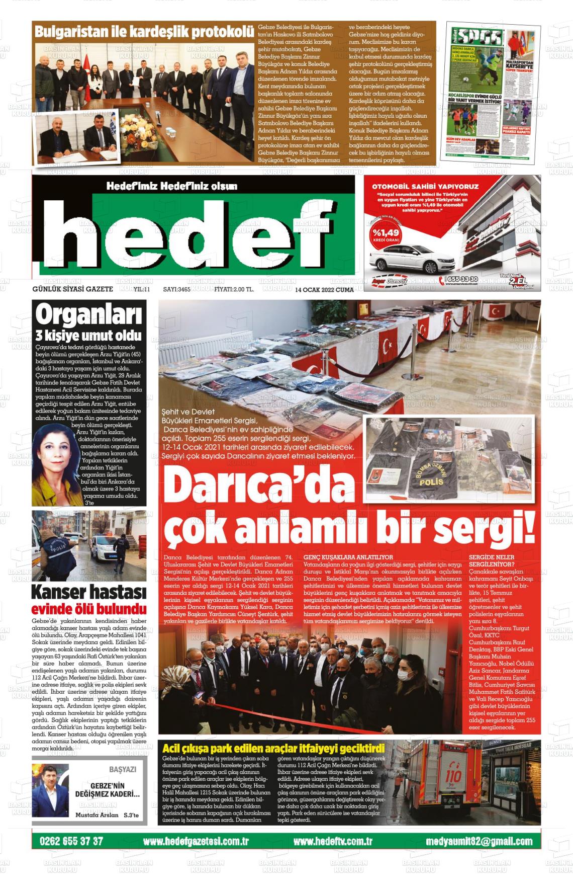 14 Ocak 2022 Hedef Gazete Manşeti