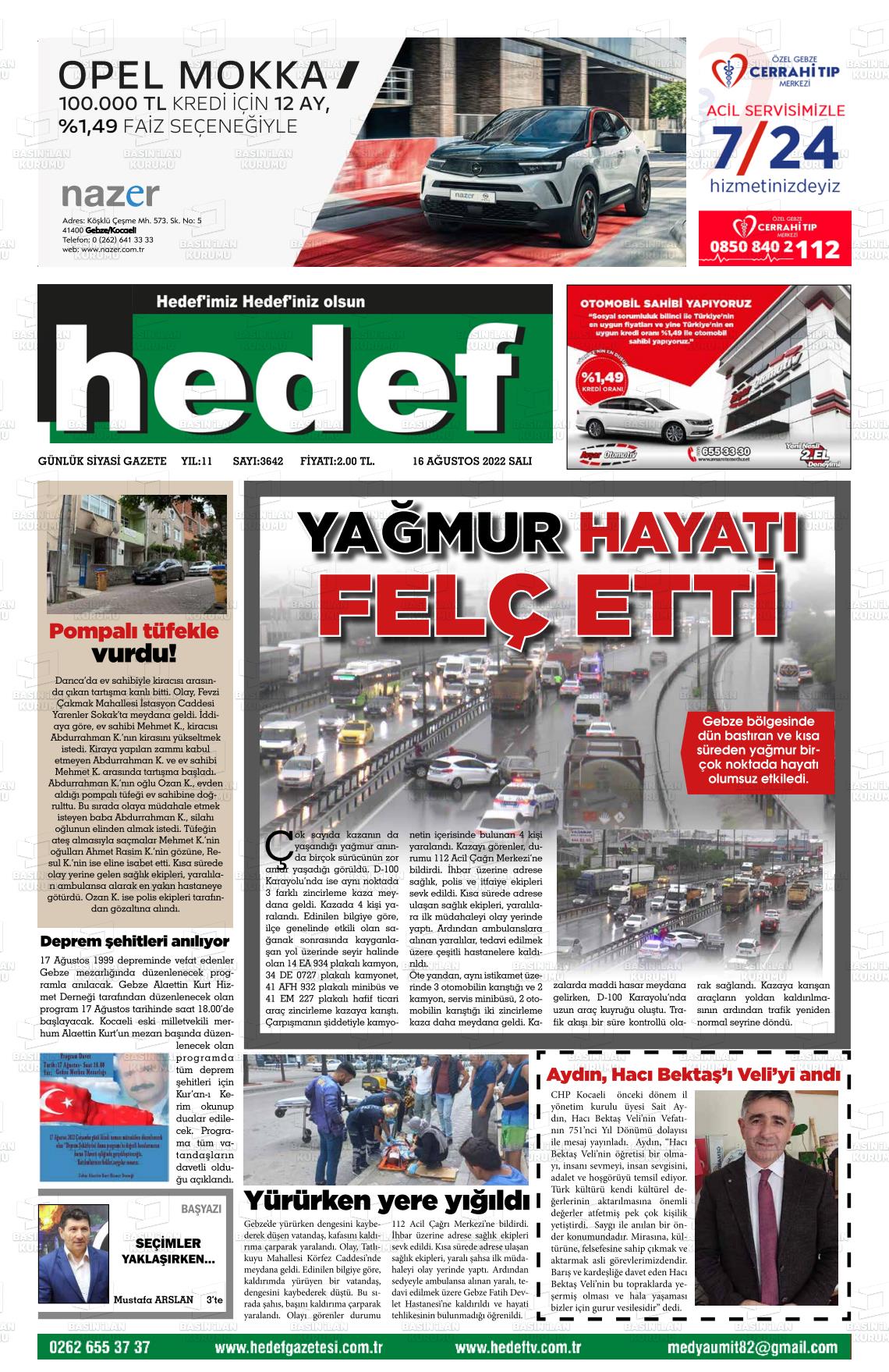 16 Ağustos 2022 Hedef Gazete Manşeti