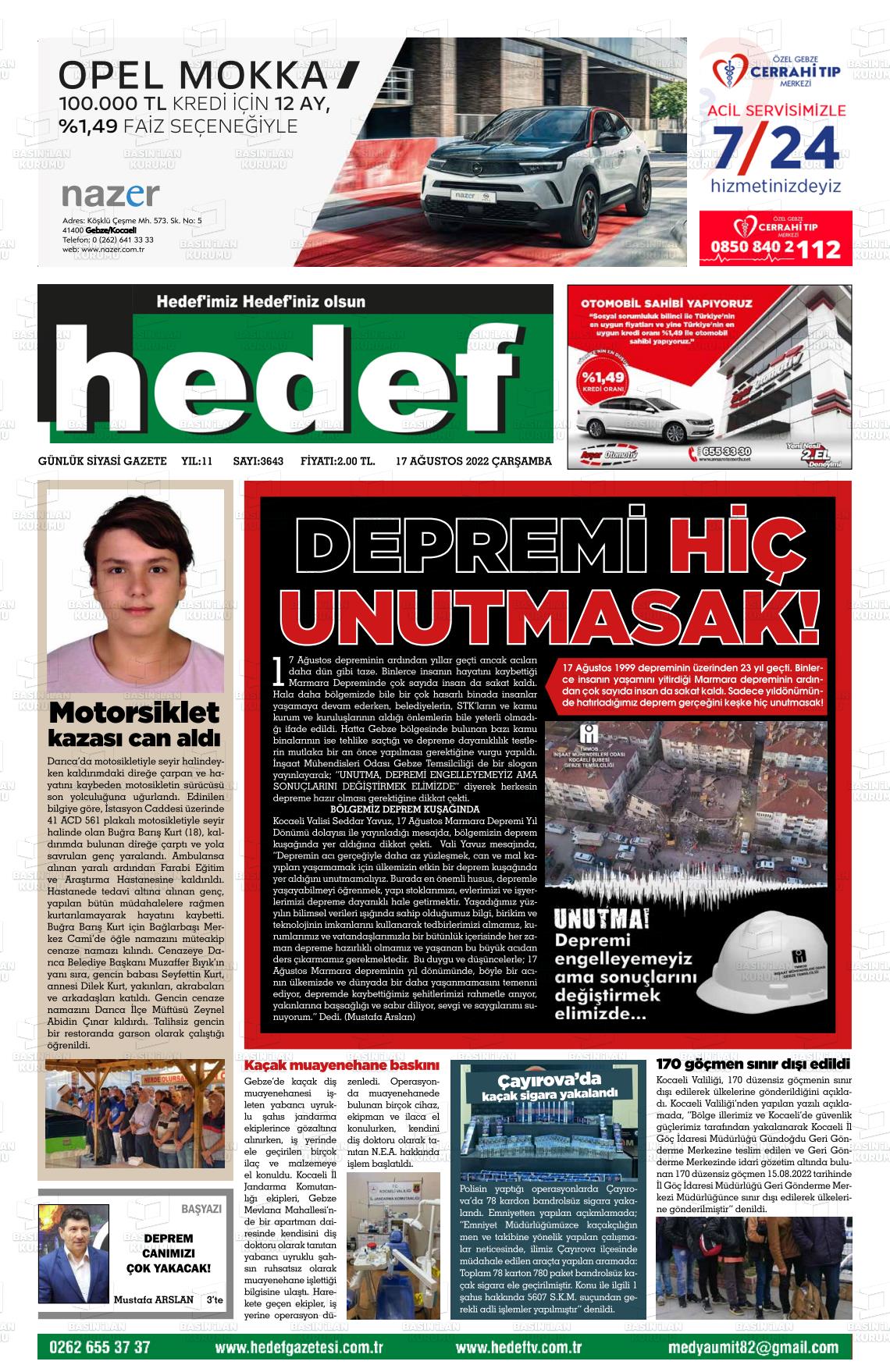 17 Ağustos 2022 Hedef Gazete Manşeti