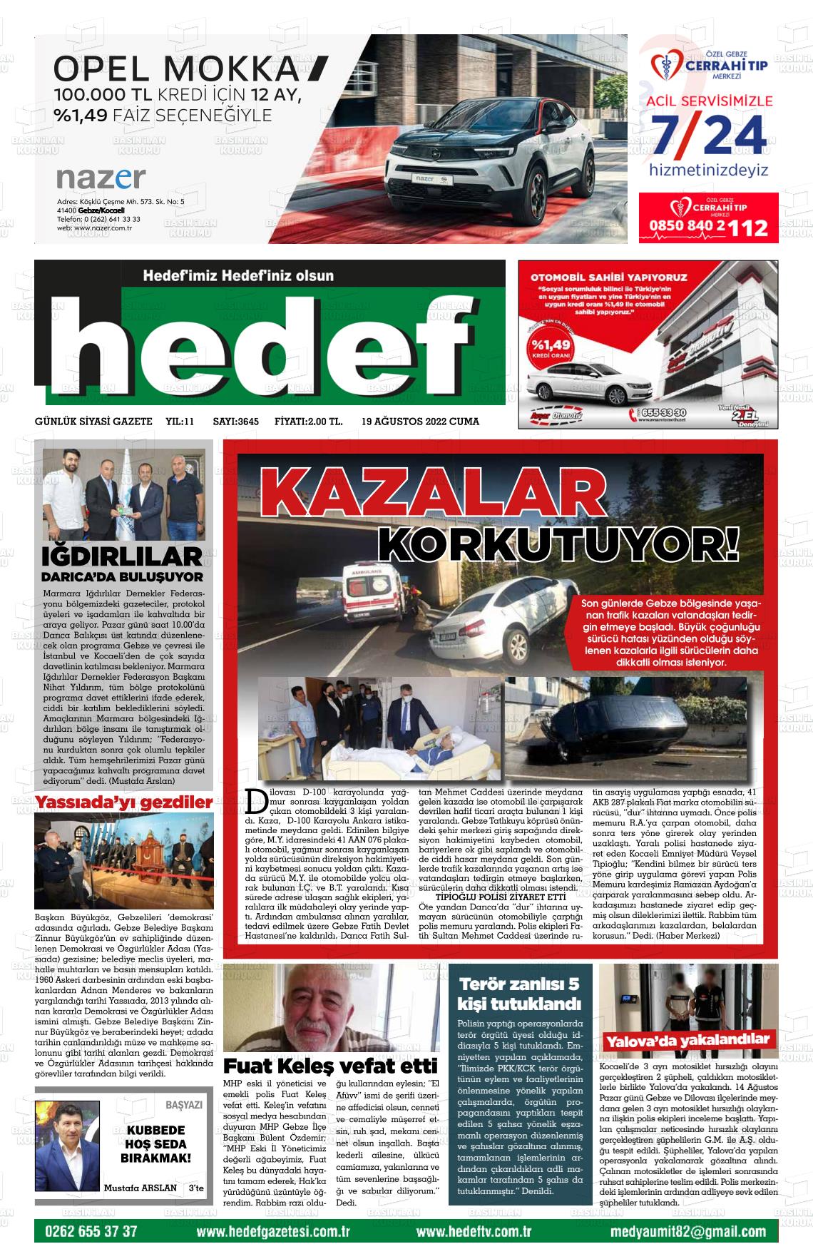 19 Ağustos 2022 Hedef Gazete Manşeti