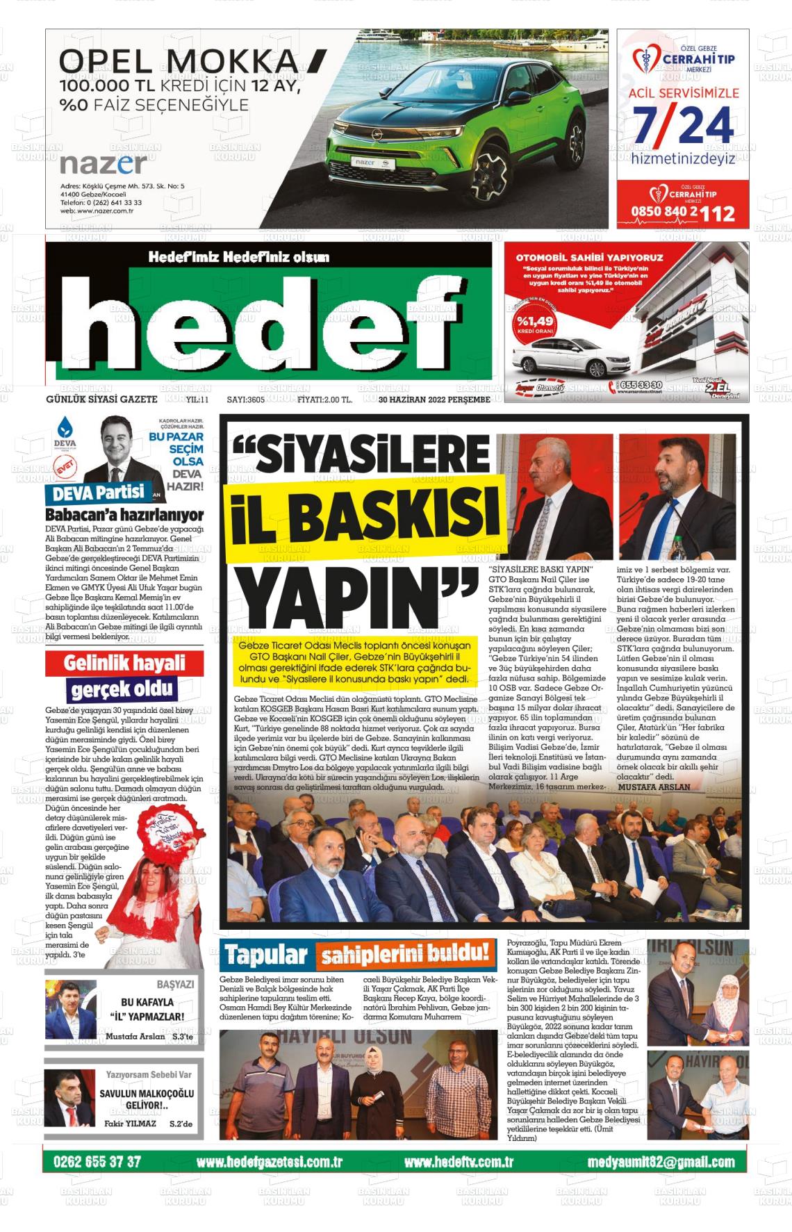01 Temmuz 2022 Hedef Gazete Manşeti