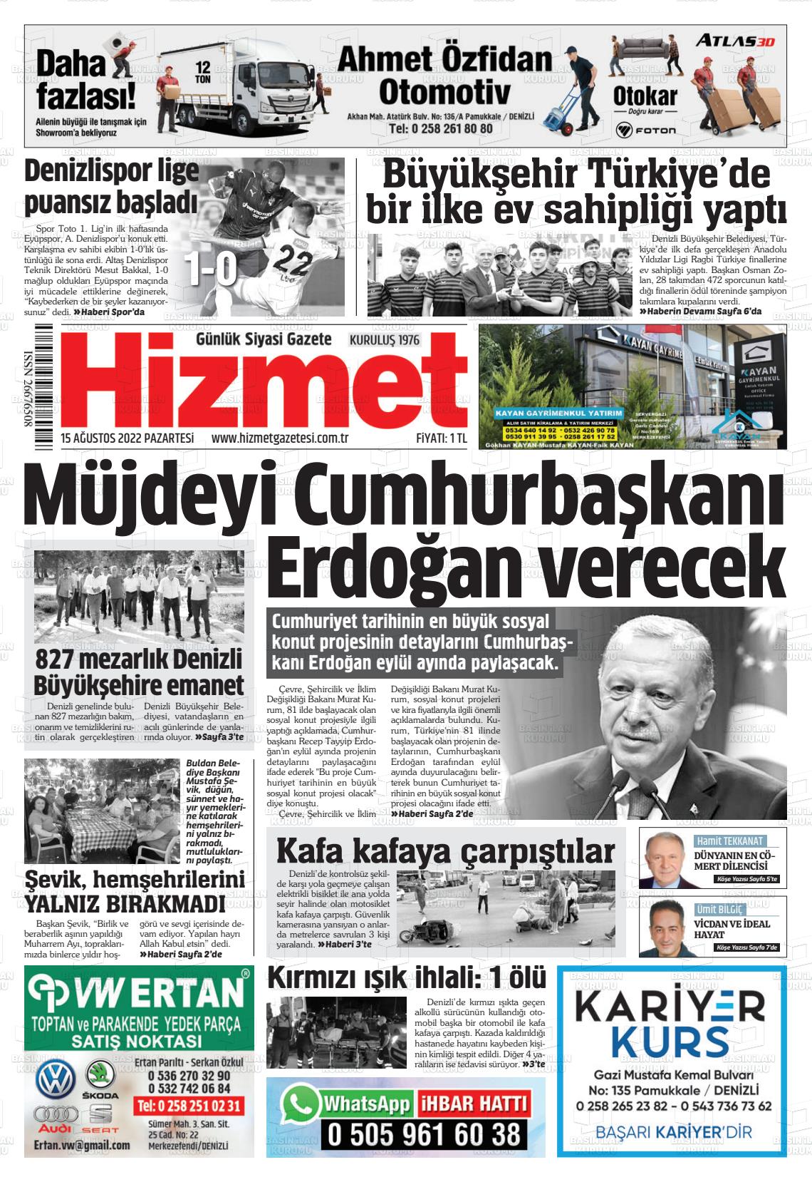 15 Ağustos 2022 Hizmet Gazete Manşeti
