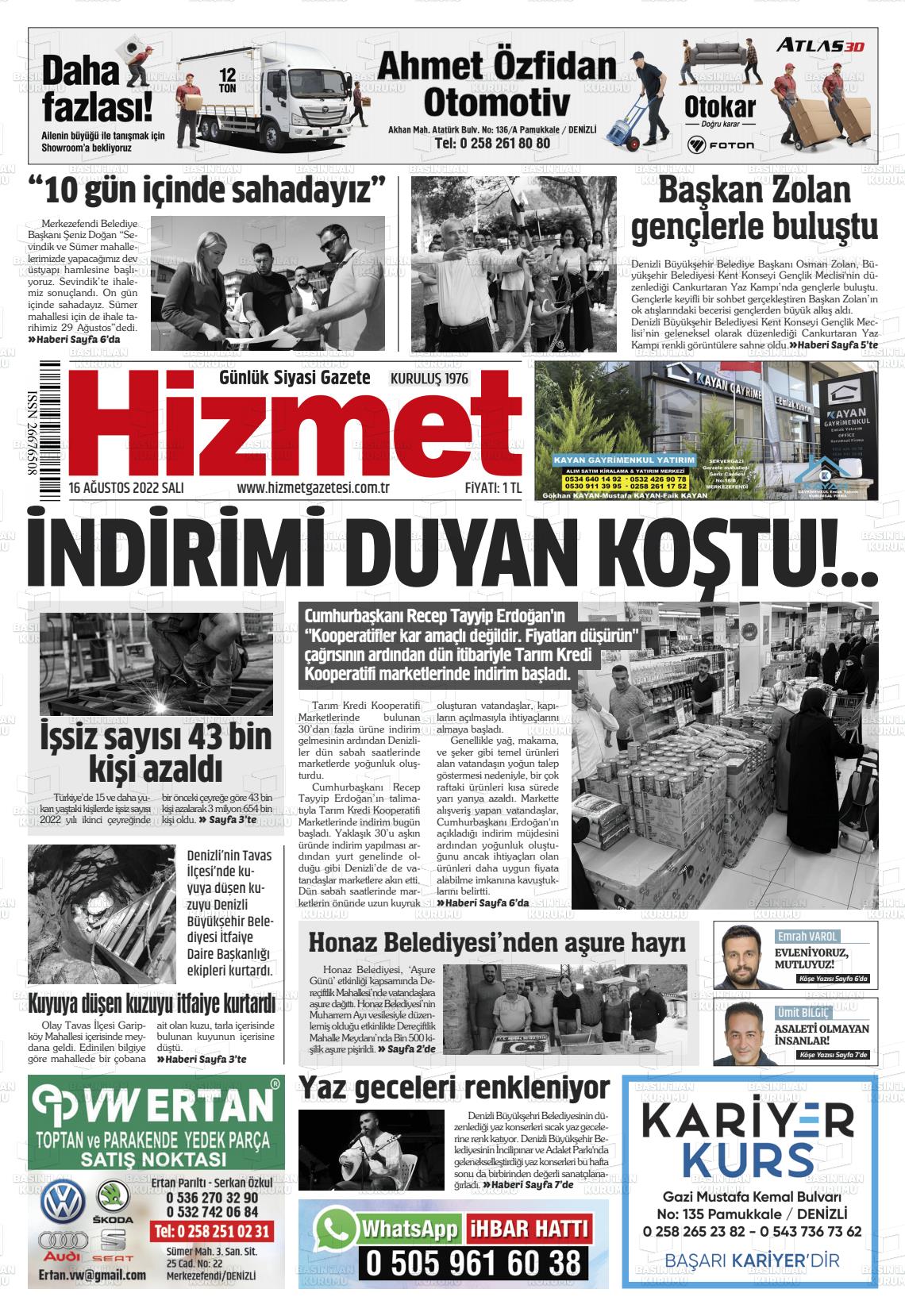 16 Ağustos 2022 Hizmet Gazete Manşeti