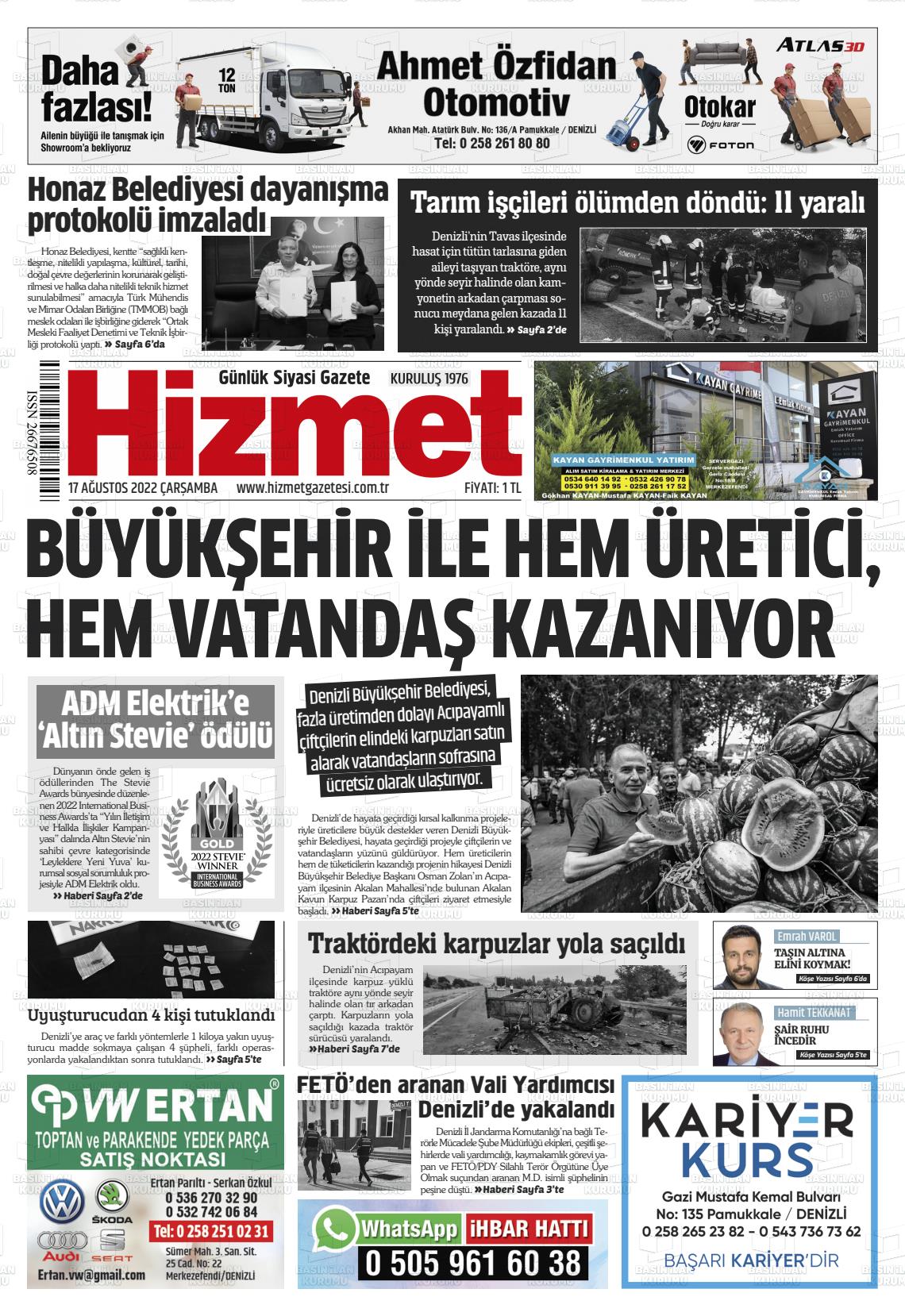 17 Ağustos 2022 Hizmet Gazete Manşeti