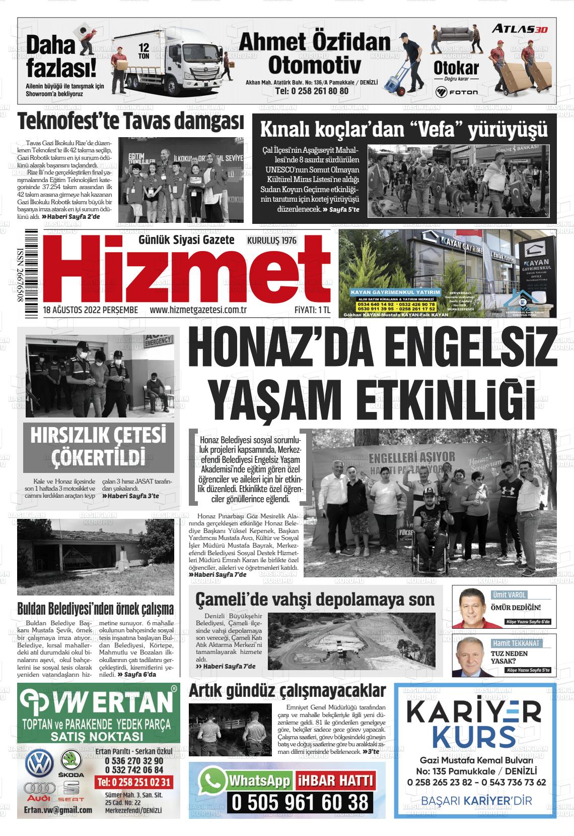 18 Ağustos 2022 Hizmet Gazete Manşeti