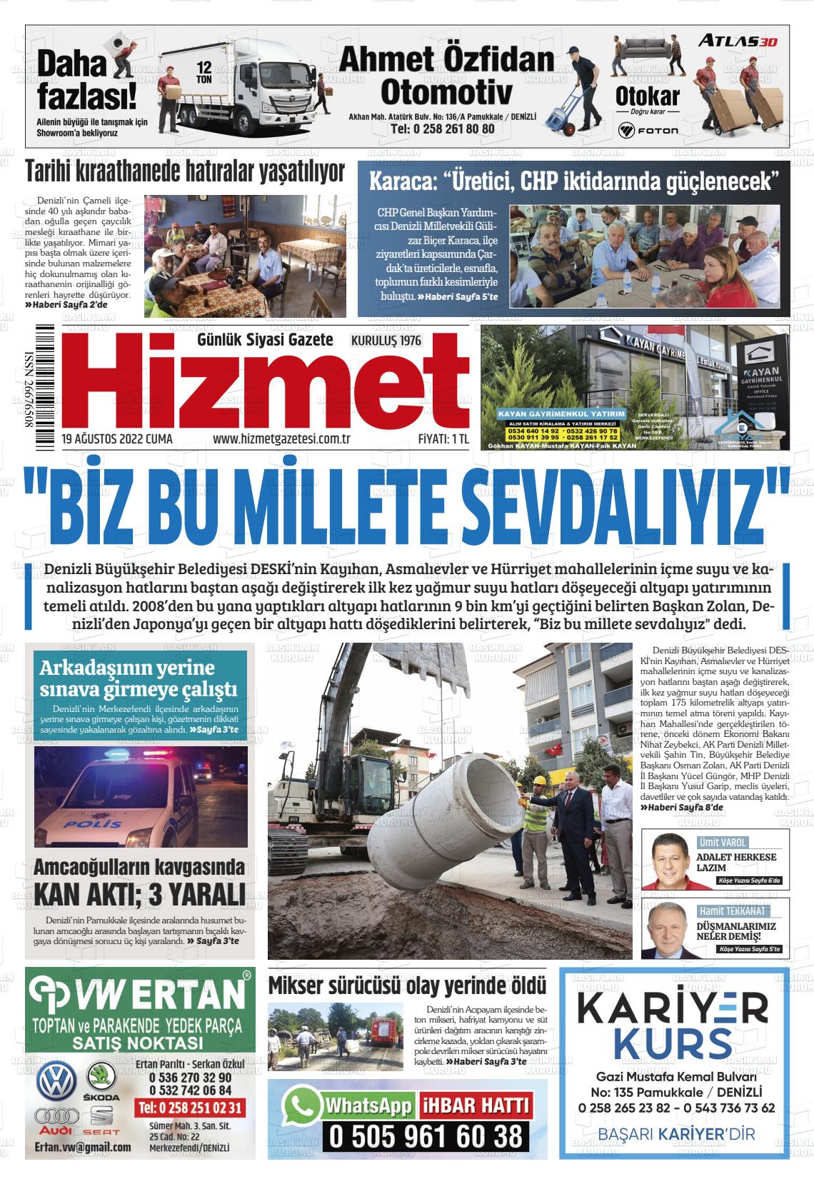 19 Ağustos 2022 Hizmet Gazete Manşeti