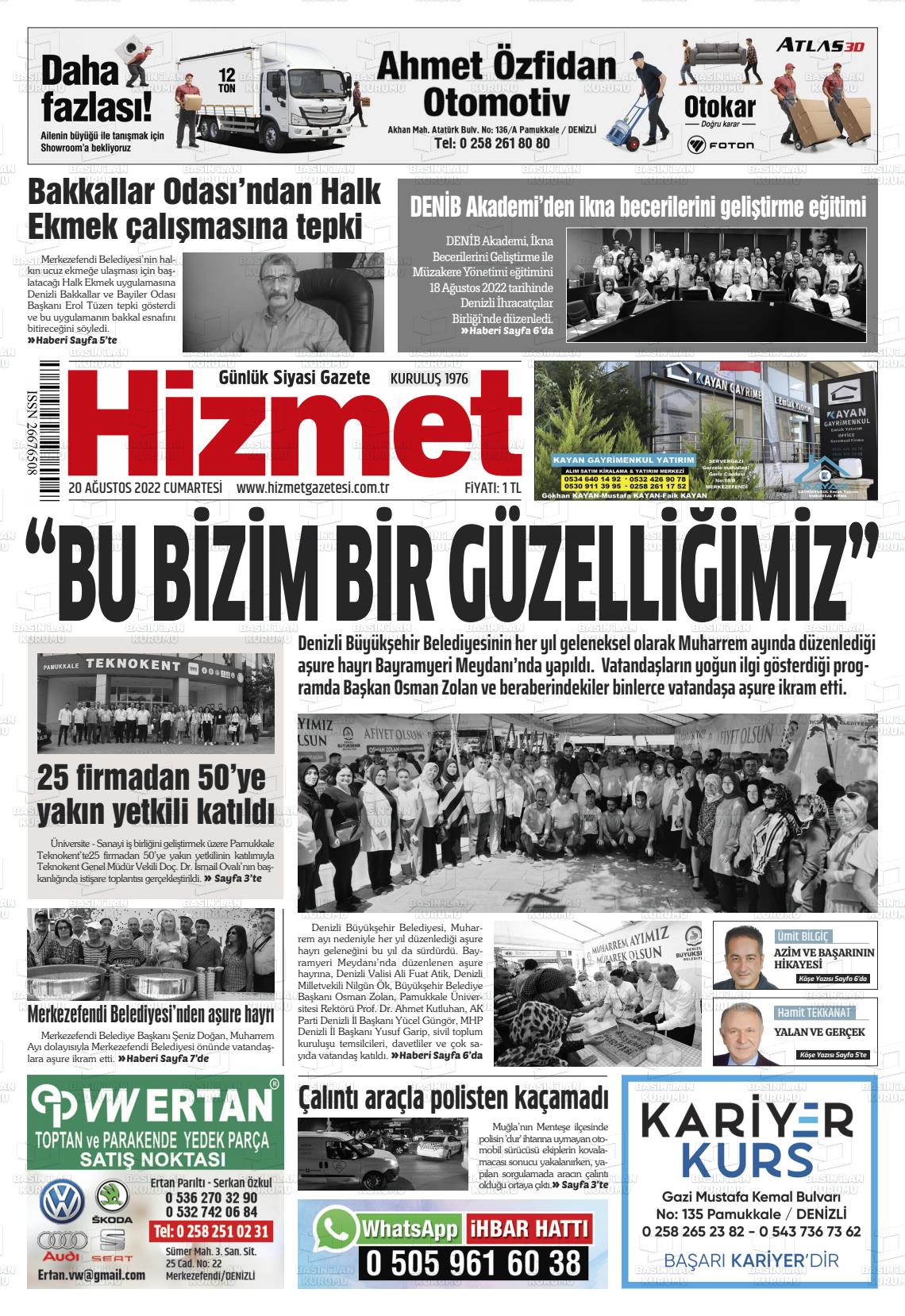 20 Ağustos 2022 Hizmet Gazete Manşeti