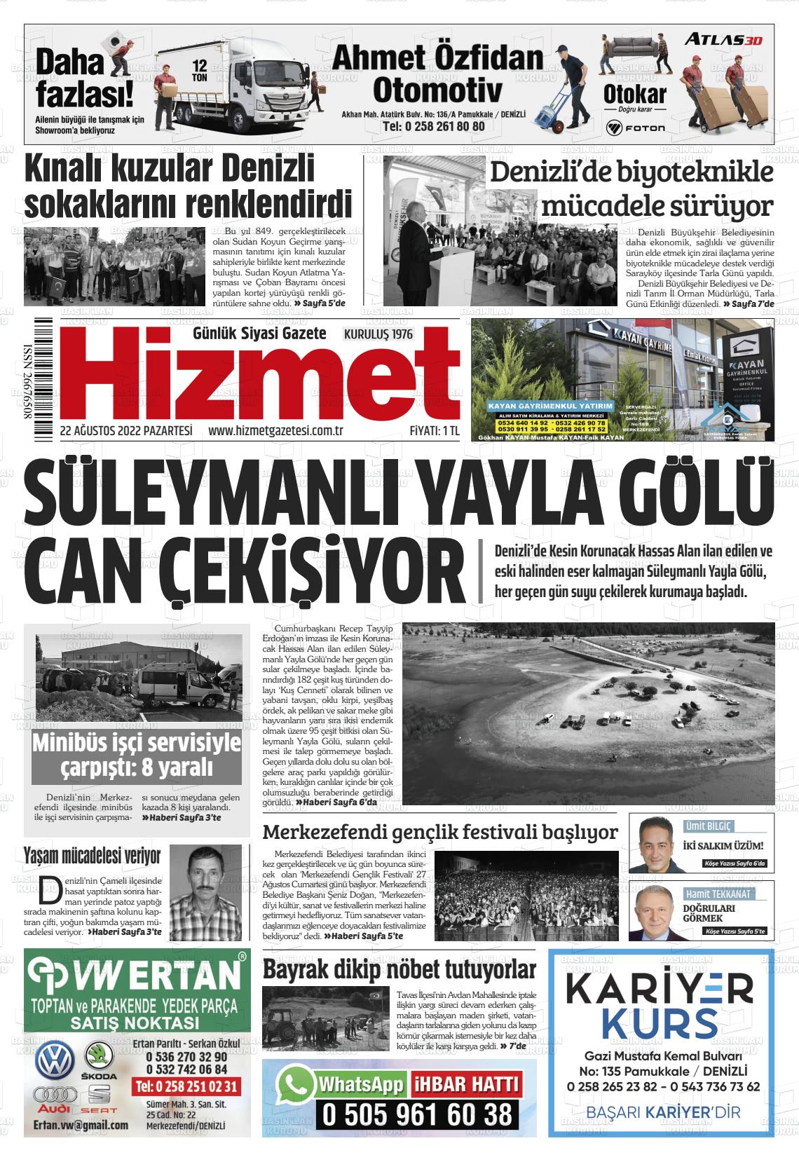 22 Ağustos 2022 Hizmet Gazete Manşeti
