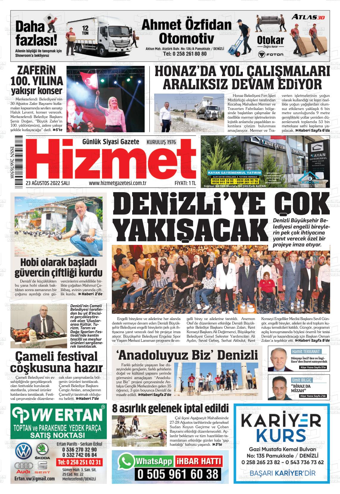 23 Ağustos 2022 Hizmet Gazete Manşeti