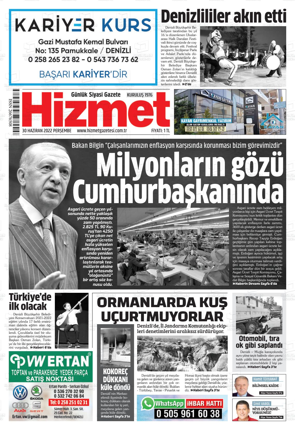 01 Temmuz 2022 Hizmet Gazete Manşeti