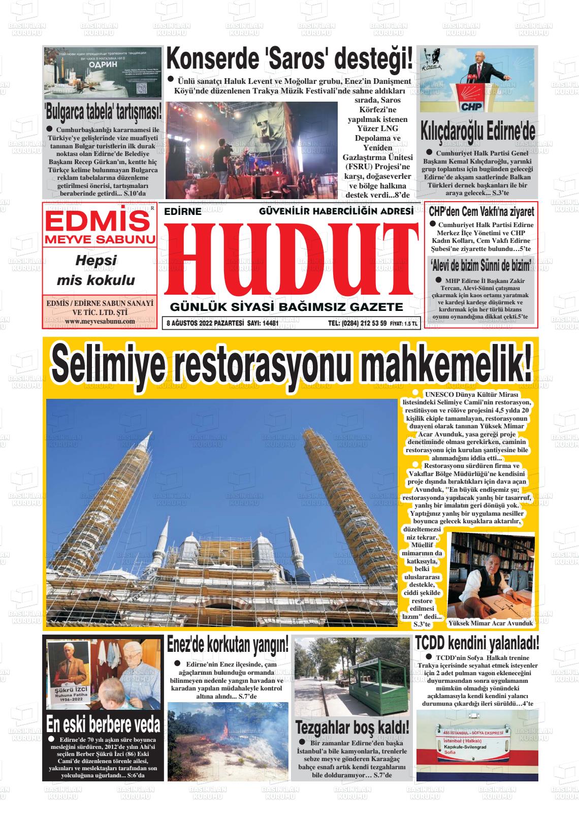 08 Ağustos 2022 Hudut Gazete Manşeti
