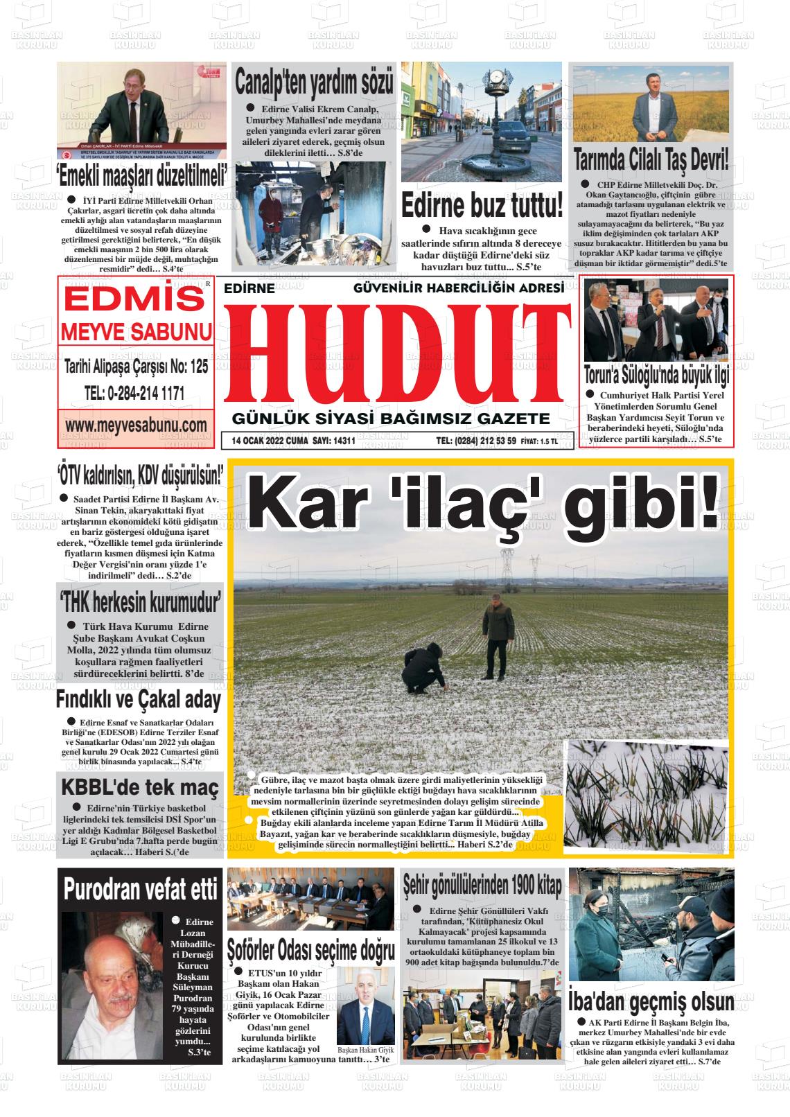 14 Ocak 2022 Hudut Gazete Manşeti