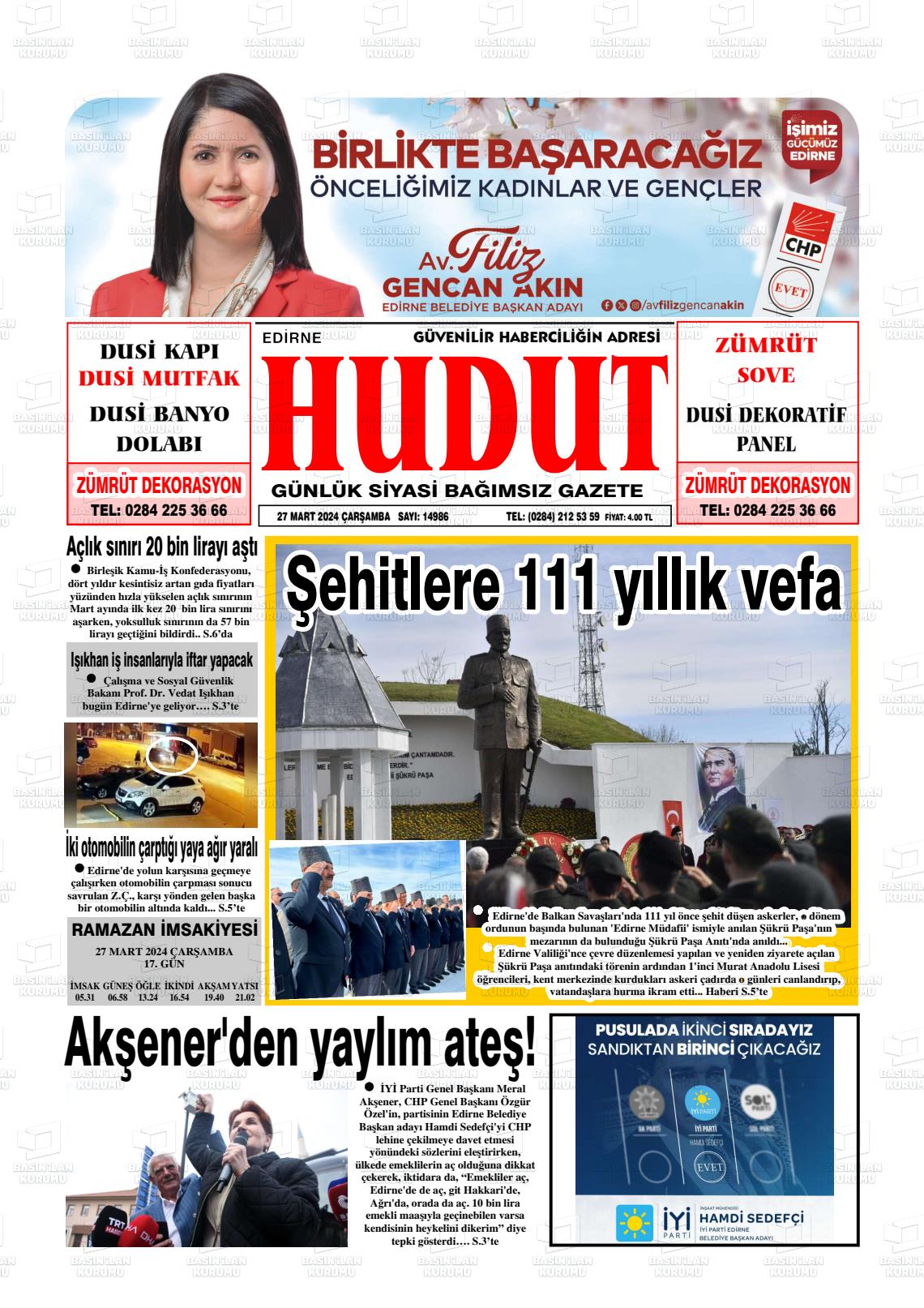 27 Mart 2024 Hudut Gazete Manşeti