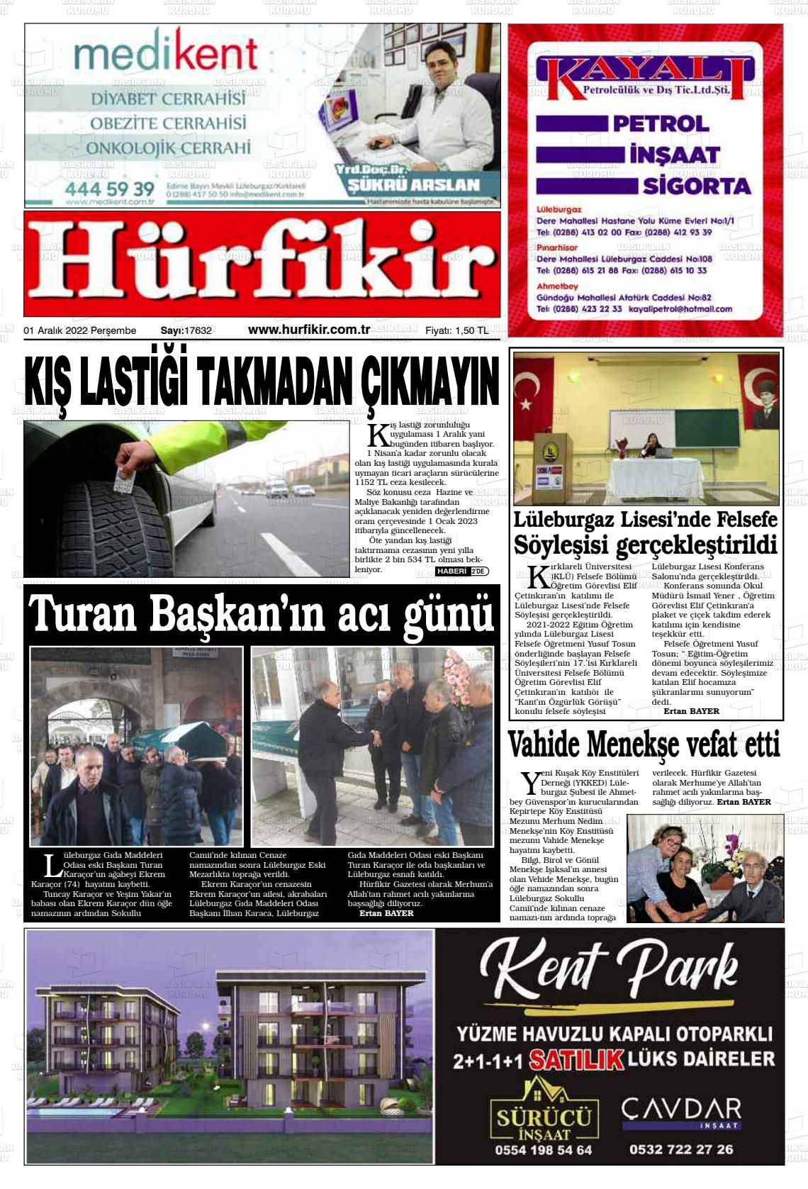 01 Aralık 2022 Hürfikir Gazete Manşeti