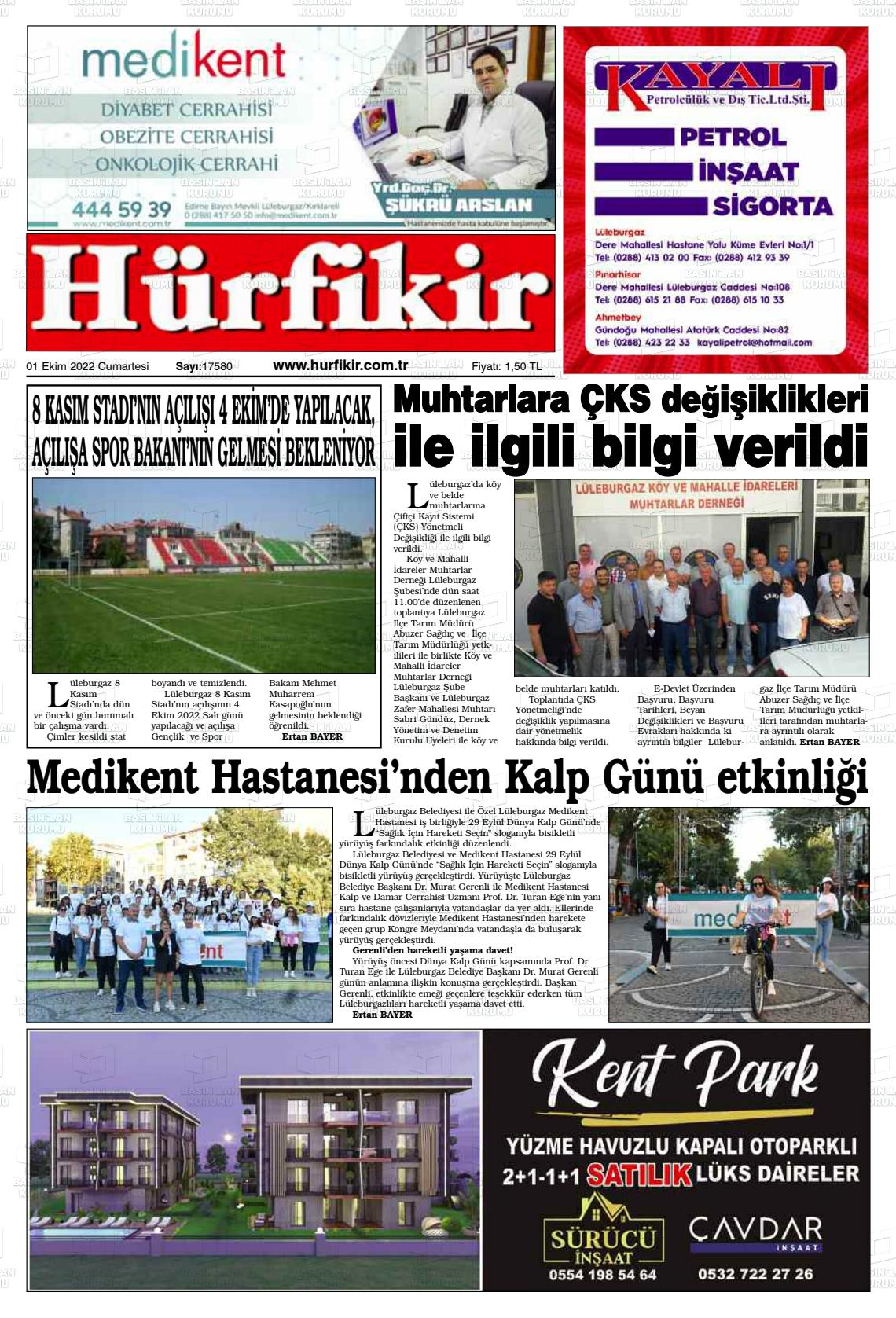 01 Ekim 2022 Hürfikir Gazete Manşeti