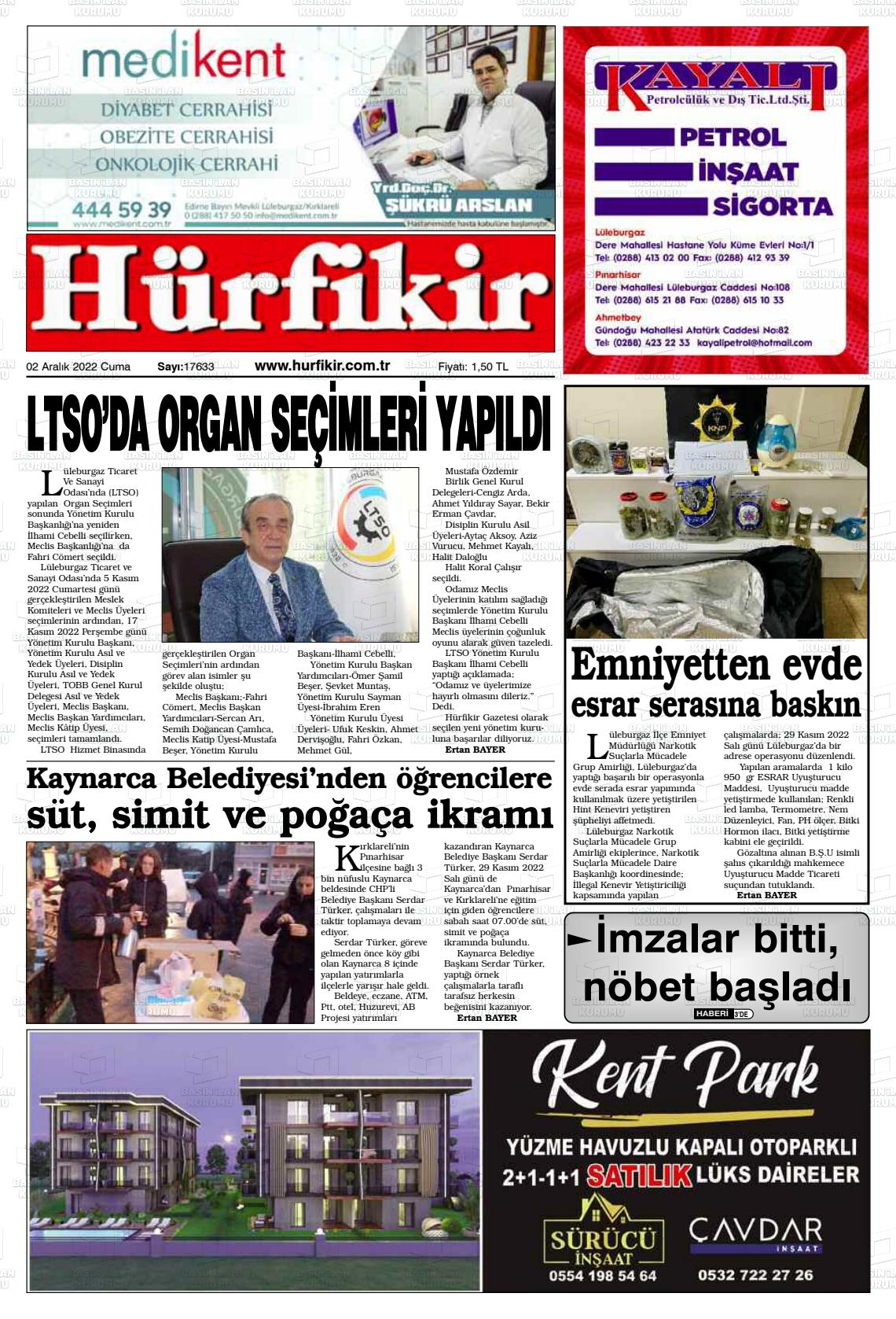 02 Aralık 2022 Hürfikir Gazete Manşeti