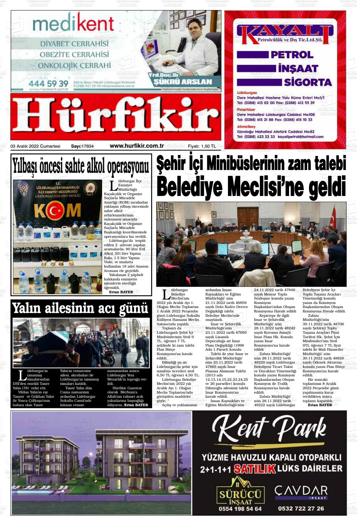 03 Aralık 2022 Hürfikir Gazete Manşeti